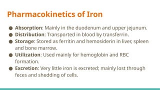 Pharmacokinetics of Iron
● Absorption: Mainly in the duodenum and upper jejunum.
● Distribution: Transported in blood by transferrin.
● Storage: Stored as ferritin and hemosiderin in liver, spleen
and bone marrow.
● Utilization: Used mainly for hemoglobin and RBC
formation.
● Excretion: Very little iron is excreted; mainly lost through
feces and shedding of cells.
 