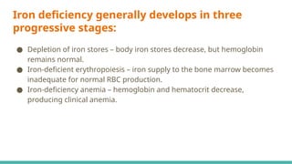 Iron deficiency generally develops in three
progressive stages:
● Depletion of iron stores – body iron stores decrease, but hemoglobin
remains normal.
● Iron-deficient erythropoiesis – iron supply to the bone marrow becomes
inadequate for normal RBC production.
● Iron-deficiency anemia – hemoglobin and hematocrit decrease,
producing clinical anemia.
 