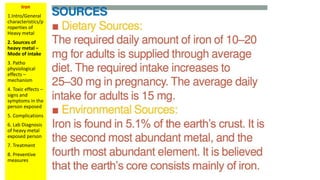 Iron
1.Intro/General
characteristics/p
roperties of
Heavy metal
2. Sources of
heavy metal –
Mode of intake
3. Patho
physiological
effects –
mechanism
4. Toxic effects –
signs and
symptoms in the
person exposed
5. Complications
6. Lab Diagnosis
of heavy metal
exposed person
7. Treatment
8. Preventive
measures
 