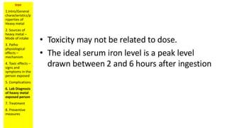 Iron
1.Intro/General
characteristics/p
roperties of
Heavy metal
2. Sources of
heavy metal –
Mode of intake
3. Patho
physiological
effects –
mechanism
4. Toxic effects –
signs and
symptoms in the
person exposed
5. Complications
6. Lab Diagnosis
of heavy metal
exposed person
7. Treatment
8. Preventive
measures
 