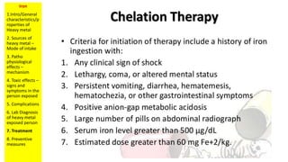 Iron
1.Intro/General
characteristics/p
roperties of
Heavy metal
2. Sources of
heavy metal –
Mode of intake
3. Patho
physiological
effects –
mechanism
4. Toxic effects –
signs and
symptoms in the
person exposed
5. Complications
6. Lab Diagnosis
of heavy metal
exposed person
7. Treatment
8. Preventive
measures
 