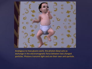 Analogous to how gluons work, the photon (boy) acts as
exchange in the electromagnetic force between two charged
particles. Photons transmit light and are their own anti-particle.
 