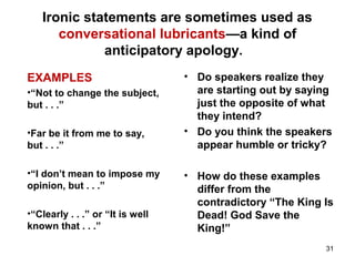 Ironic statements are sometimes used as
conversational lubricants—a kind of
anticipatory apology.
EXAMPLES
•“Not to change the subject,
but . . .”
•Far be it from me to say,
but . . .”
•“I don’t mean to impose my
opinion, but . . .”
•“Clearly . . .” or “It is well
known that . . .”
• Do speakers realize they
are starting out by saying
just the opposite of what
they intend?
• Do you think the speakers
appear humble or tricky?
• How do these examples
differ from the
contradictory “The King Is
Dead! God Save the
King!”
31
 