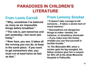 PARADOXES IN CHILDREN’S
LITERATURE
From Lewis Carroll
•“Why, sometimes I’ve believed
as many as six impossible
things before breakfast.”
•“The rule is, jam tomorrow and
jam yesterday—but never jam
today.”
•“Now here, you see, it takes all
the running you can do, to keep
in the same place. If you want
to get somewhere else, you
must run at least twice as fast
as that.”
From Lemony Snicket
•“It doesn’t take courage to kill
someone… It takes a severe lack of
moral stamina.”
•“Assumptions are dangerous
things to make—bombs, for
instance, or strawberry shortcake
—if you make even the tiniest
mistake you can find yourself in
terrible trouble.”
•In The Miserable Mill, when a
worker gets his leg mangled, his
fellow workers give him a coupon
for 50% off at the Ahab Memorial
Hospital in Paltryville.
18
 
