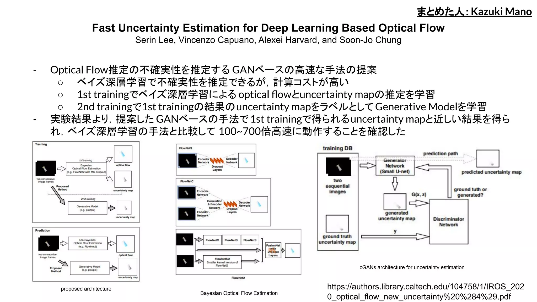 Fast Uncertainty Estimation for Deep Learning Based Optical Flow
Serin Lee, Vincenzo Capuano, Alexei Harvard, and Soon-Jo Chung
- Optical Flow推定の不確実性を推定する GANベースの高速な手法の提案
○ ベイズ深層学習で不確実性を推定できるが，計算コストが高い
○ 1st trainingでベイズ深層学習による optical ﬂowとuncertainty mapの推定を学習
○ 2nd trainingで1st trainingの結果のuncertainty mapをラベルとしてGenerative Modelを学習
- 実験結果より，提案した GANベースの手法で1st trainingで得られるuncertainty mapと近しい結果を得ら
れ，ベイズ深層学習の手法と比較して 100~700倍高速に動作することを確認した
まとめた人：Kazuki Mano
proposed architecture
Bayesian Optical Flow Estimation
cGANs architecture for uncertainty estimation
https://authors.library.caltech.edu/104758/1/IROS_202
0_optical_flow_new_uncertainty%20%284%29.pdf
 