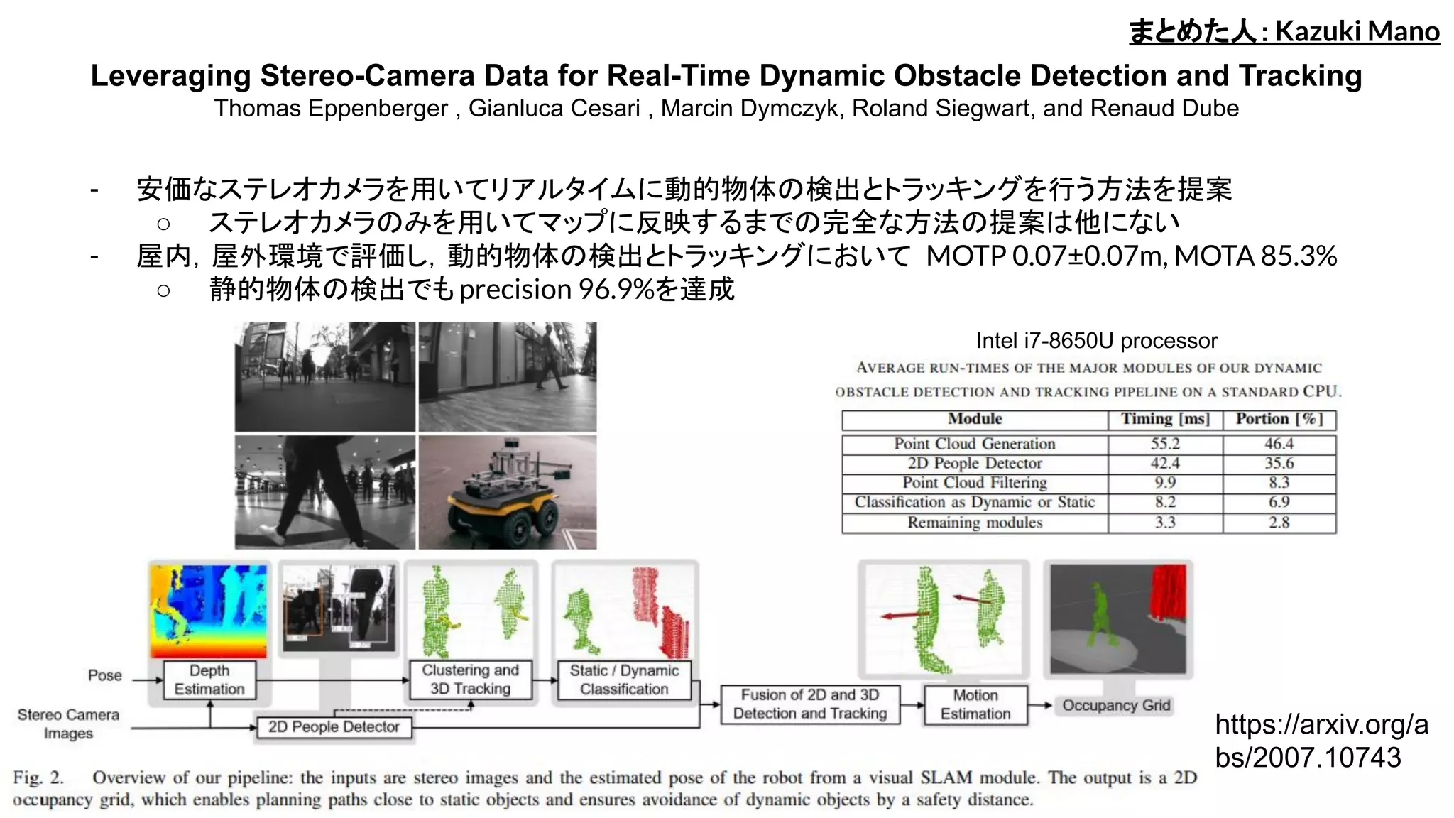 Leveraging Stereo-Camera Data for Real-Time Dynamic Obstacle Detection and Tracking
Thomas Eppenberger , Gianluca Cesari , Marcin Dymczyk, Roland Siegwart, and Renaud Dube
- 安価なステレオカメラを用いてリアルタイムに動的物体の検出とトラッキングを行う方法を提案
○ ステレオカメラのみを用いてマップに反映するまでの完全な方法の提案は他にない
- 屋内，屋外環境で評価し，動的物体の検出とトラッキングにおいて MOTP 0.07±0.07m, MOTA 85.3%
○ 静的物体の検出でも precision 96.9%を達成
まとめた人：Kazuki Mano
Intel i7-8650U processor
https://arxiv.org/a
bs/2007.10743
 