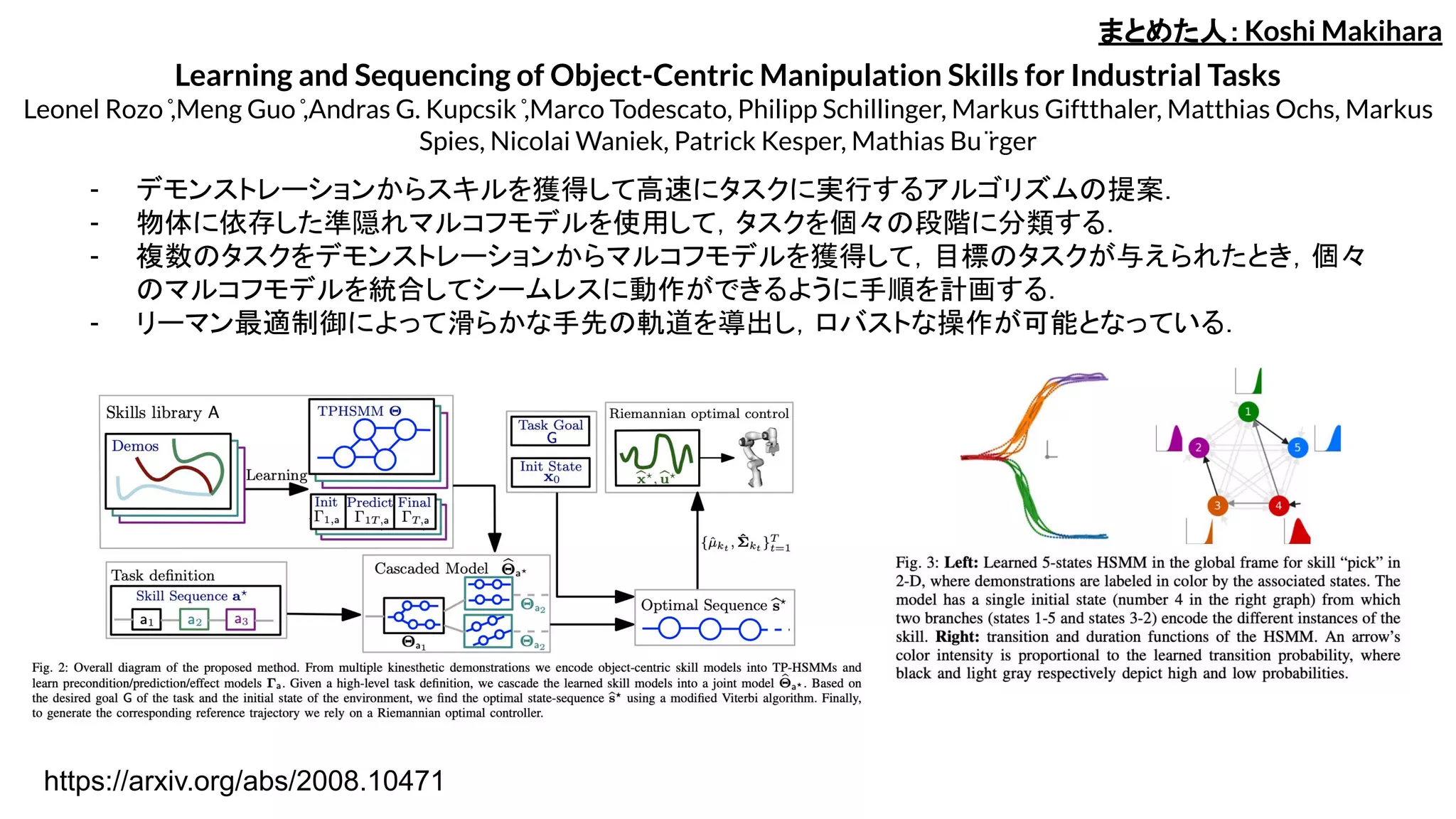 Learning and Sequencing of Object-Centric Manipulation Skills for Industrial Tasks
Leonel Rozo ̊,Meng Guo ̊,Andras G. Kupcsik ̊,Marco Todescato, Philipp Schillinger, Markus Giftthaler, Matthias Ochs, Markus
Spies, Nicolai Waniek, Patrick Kesper, Mathias Bu ̈rger
- デモンストレーションからスキルを獲得して高速にタスクに実行するアルゴリズムの提案．
- 物体に依存した準隠れマルコフモデルを使用して，タスクを個々の段階に分類する．
- 複数のタスクをデモンストレーションからマルコフモデルを獲得して，目標のタスクが与えられたとき，個々
のマルコフモデルを統合してシームレスに動作ができるように手順を計画する．
- リーマン最適制御によって滑らかな手先の軌道を導出し，ロバストな操作が可能となっている．
まとめた人：Koshi Makihara
https://arxiv.org/abs/2008.10471
 