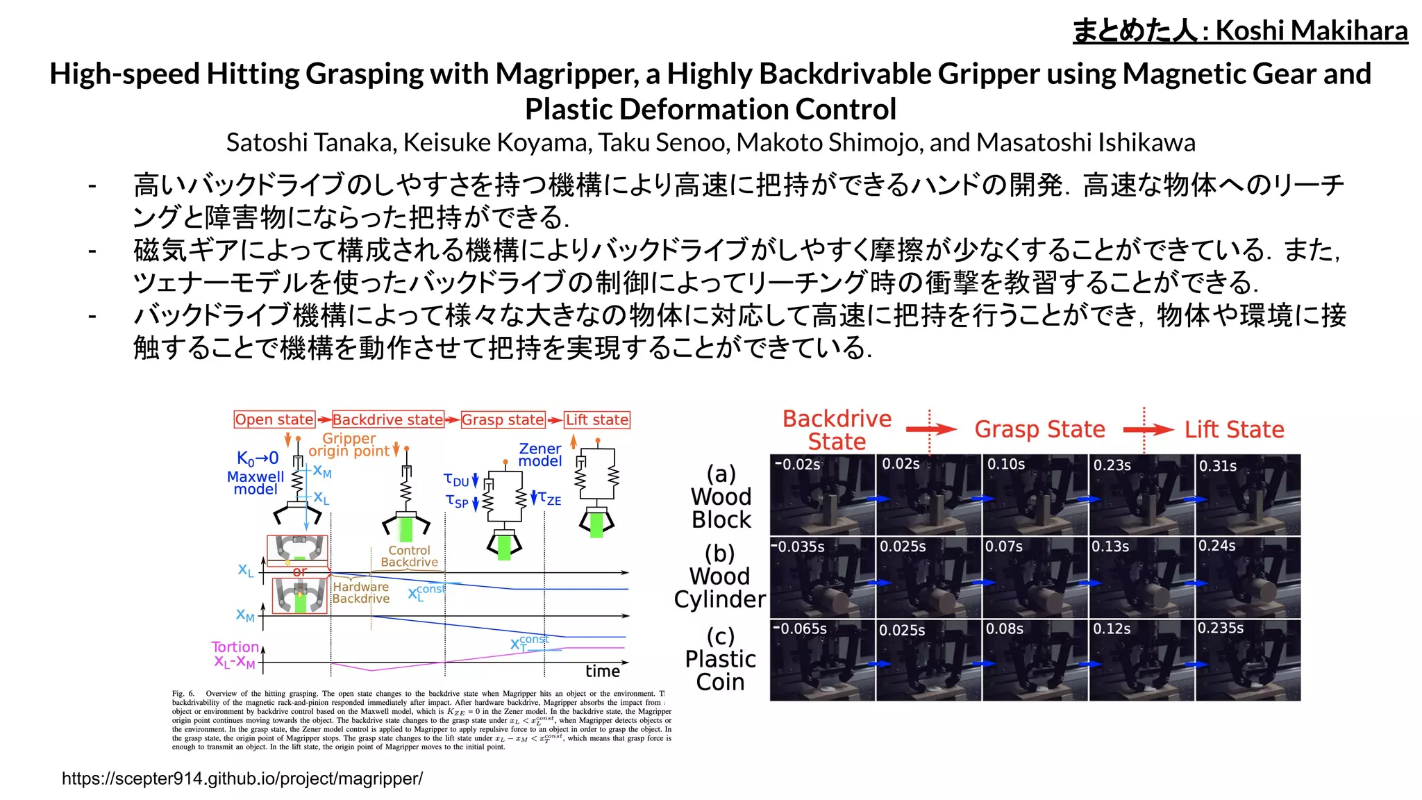 High-speed Hitting Grasping with Magripper, a Highly Backdrivable Gripper using Magnetic Gear and
Plastic Deformation Control
Satoshi Tanaka, Keisuke Koyama, Taku Senoo, Makoto Shimojo, and Masatoshi Ishikawa
- 高いバックドライブのしやすさを持つ機構により高速に把持ができるハンドの開発．高速な物体へのリーチ
ングと障害物にならった把持ができる．
- 磁気ギアによって構成される機構によりバックドライブがしやすく摩擦が少なくすることができている．また，
ツェナーモデルを使ったバックドライブの制御によってリーチング時の衝撃を教習することができる．
- バックドライブ機構によって様々な大きなの物体に対応して高速に把持を行うことができ，物体や環境に接
触することで機構を動作させて把持を実現することができている．
まとめた人：Koshi Makihara
https://scepter914.github.io/project/magripper/
 