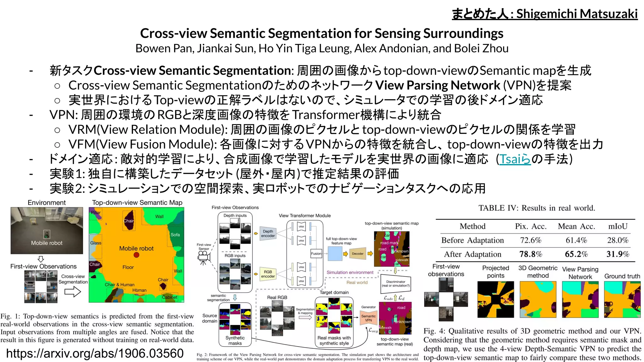 Cross-view Semantic Segmentation for Sensing Surroundings
Bowen Pan, Jiankai Sun, Ho Yin Tiga Leung, Alex Andonian, and Bolei Zhou
- 新タスクCross-view Semantic Segmentation: 周囲の画像からtop-down-viewのSemantic mapを生成
○ Cross-view Semantic Segmentationのためのネットワーク View Parsing Network (VPN)を提案
○ 実世界におけるTop-viewの正解ラベルはないので、シミュレータでの学習の後ドメイン適応
- VPN: 周囲の環境のRGBと深度画像の特徴を Transformer機構により統合
○ VRM(View Relation Module): 周囲の画像のピクセルと top-down-viewのピクセルの関係を学習
○ VFM(View Fusion Module): 各画像に対するVPNからの特徴を統合し、 top-down-viewの特徴を出力
- ドメイン適応: 敵対的学習により、合成画像で学習したモデルを実世界の画像に適応 (Tsaiらの手法)
- 実験1: 独自に構築したデータセット (屋外・屋内)で推定結果の評価
- 実験2: シミュレーションでの空間探索、実ロボットでのナビゲーションタスクへの応用
まとめた人：Shigemichi Matsuzaki
https://arxiv.org/abs/1906.03560
 