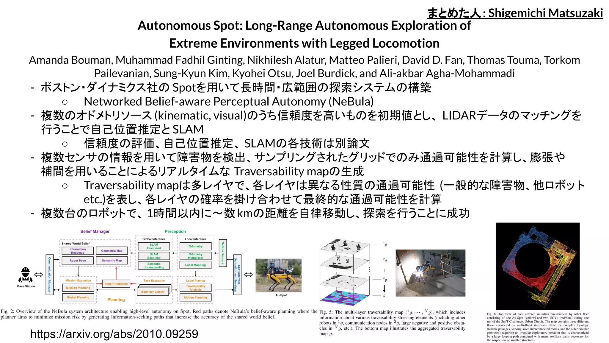 Autonomous Spot: Long-Range Autonomous Exploration of
Extreme Environments with Legged Locomotion
Amanda Bouman, Muhammad Fadhil Ginting, Nikhilesh Alatur, Matteo Palieri, David D. Fan, Thomas Touma, Torkom
Pailevanian, Sung-Kyun Kim, Kyohei Otsu, Joel Burdick, and Ali-akbar Agha-Mohammadi
- ボストン・ダイナミクス社の Spotを用いて長時間・広範囲の探索システムの構築
○ Networked Belief-aware Perceptual Autonomy (NeBula)
- 複数のオドメトリソース (kinematic, visual)のうち信頼度を高いものを初期値とし、 LIDARデータのマッチングを
行うことで自己位置推定と SLAM
○ 信頼度の評価、自己位置推定、 SLAMの各技術は別論文
- 複数センサの情報を用いて障害物を検出、サンプリングされたグリッドでのみ通過可能性を計算し、膨張や
補間を用いることによるリアルタイムな Traversability mapの生成
○ Traversability mapは多レイヤで、各レイヤは異なる性質の通過可能性 (一般的な障害物、他ロボッ ト
etc.)を表し、各レイヤの確率を掛け合わせて最終的な通過可能性を計算
- 複数台のロボットで、 1時間以内に〜数kmの距離を自律移動し、探索を行うことに成功
まとめた人：Shigemichi Matsuzaki
https://arxiv.org/abs/2010.09259
 