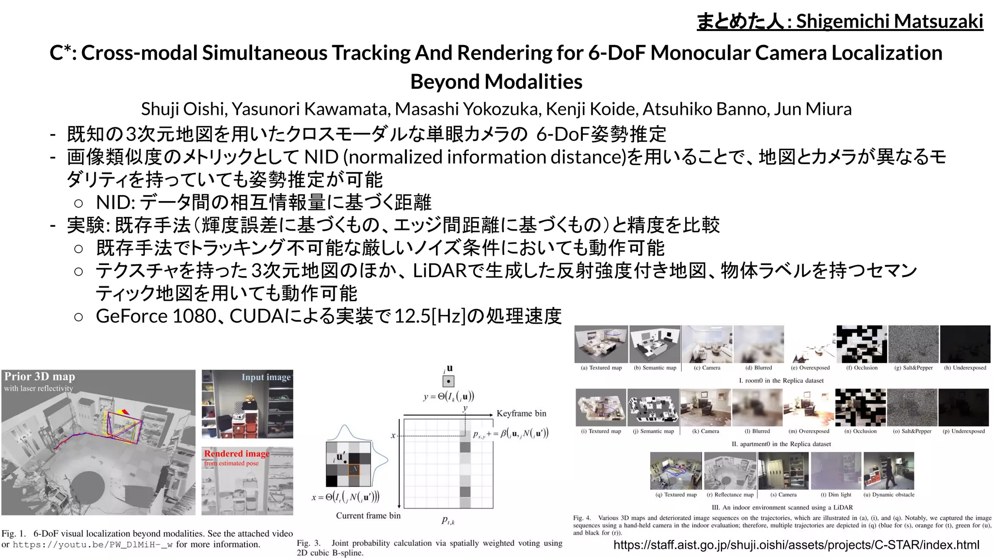 C*: Cross-modal Simultaneous Tracking And Rendering for 6-DoF Monocular Camera Localization
Beyond Modalities
Shuji Oishi, Yasunori Kawamata, Masashi Yokozuka, Kenji Koide, Atsuhiko Banno, Jun Miura
- 既知の3次元地図を用いたクロスモーダルな単眼カメラの 6-DoF姿勢推定
- 画像類似度のメトリックとして NID (normalized information distance)を用いることで、地図とカメラが異なるモ
ダリティを持っていても姿勢推定が可能
○ NID: データ間の相互情報量に基づく距離
- 実験: 既存手法（輝度誤差に基づくもの、エッジ間距離に基づくもの）と精度を比較
○ 既存手法でトラッキング不可能な厳しいノイズ条件においても動作可能
○ テクスチャを持った3次元地図のほか、LiDARで生成した反射強度付き地図、物体ラベルを持つセマン
ティック地図を用いても動作可能
○ GeForce 1080、CUDAによる実装で12.5[Hz]の処理速度
まとめた人：Shigemichi Matsuzaki
https://staff.aist.go.jp/shuji.oishi/assets/projects/C-STAR/index.html
 