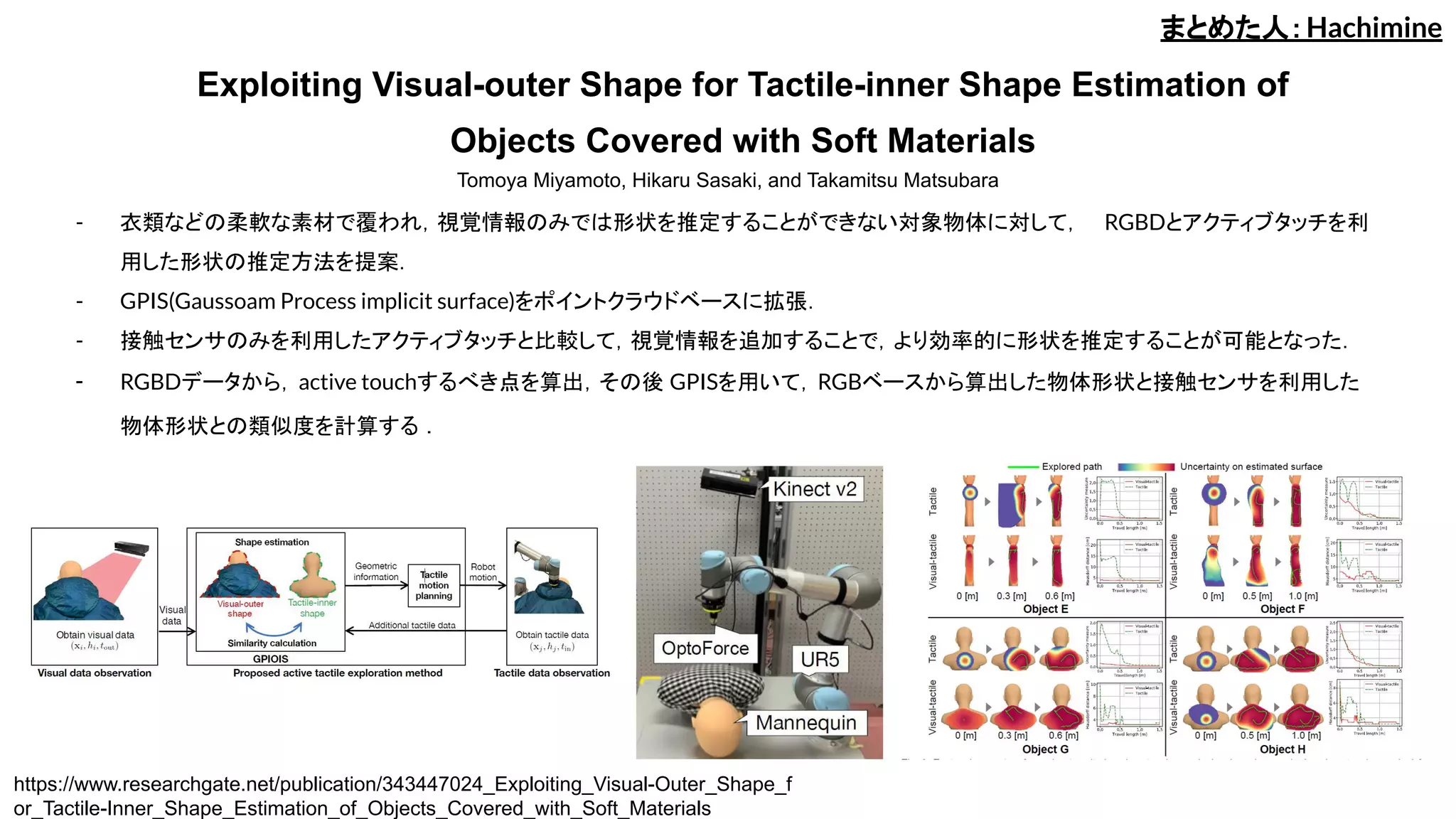 Exploiting Visual-outer Shape for Tactile-inner Shape Estimation of
Objects Covered with Soft Materials
Tomoya Miyamoto, Hikaru Sasaki, and Takamitsu Matsubara
- 衣類などの柔軟な素材で覆われ，視覚情報のみでは形状を推定することができない対象物体に対して， RGBDとアクティブタッチを利
用した形状の推定方法を提案．
- GPIS(Gaussoam Process implicit surface)をポイントクラウドベースに拡張．
- 接触センサのみを利用したアクティブタッチと比較して，視覚情報を追加することで，より効率的に形状を推定することが可能となった．
- RGBDデータから，active touchするべき点を算出，その後 GPISを用いて，RGBベースから算出した物体形状と接触センサを利用した
物体形状との類似度を計算する ．
まとめた人：Hachimine
https://www.researchgate.net/publication/343447024_Exploiting_Visual-Outer_Shape_f
or_Tactile-Inner_Shape_Estimation_of_Objects_Covered_with_Soft_Materials
 