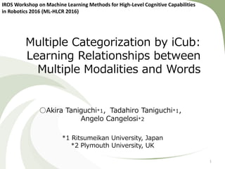 Multiple Categorization by iCub: Learning Relationships between Multiple Modalities and Words
Multiple Categorization by iCub:
Learning Relationships between
Multiple Modalities and Words
○Akira Taniguchi*1，Tadahiro Taniguchi*1，
Angelo Cangelosi*2
*1 Ritsumeikan University, Japan
*2 Plymouth University, UK
1
IROS Workshop on Machine Learning Methods for High-Level Cognitive Capabilities
in Robotics 2016 (ML-HLCR 2016)
 