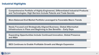 Industrial Highlights
21
Comprehensive Portfolio of Highly-Engineered, Differentiated Industrial Products
and Technologies; High Barriers Include Patents and Trade Secrets
More Balanced End Market Portfolio Leveraged to Favorable Macro Trends
Newly Focused and Strategically Aligned Business; Global Aftermarket
Infrastructure in Place and Beginning to See Benefits – Early Days
Expanding Opportunities Include Continued Innovation, Global Presence
and M&A
BES Continues to Enable Profitable Growth and Margin Expansion
 