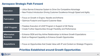 Aerospace Strategic Path Forward
Priorities Established around Growth Opportunities
42
Execution
• Utilize Barnes Enterprise System to Drive Our Competitive Advantage
• New Product Introduction Driving Customer Excellence through Speed and Agility
• Focus on Growth in Engine, Nacelle and Airframe
• Optimize Footprint and Expand Customer Base
Fabrication
• Flawless Execution of LEAP Program in Support of GE Ramp
• Create Further Opportunities through Flexibility and Performance
LEAP Program
Aftermarket
Business
• Enhance OEM and Key Airline Relationships to Achieve Growth Expectations
• Build on Regional Capability to Enhance Growth Opportunities
• Focus on Opportunities that Create Value with IP and Content on Strategic ProgramsAcquisitions
 