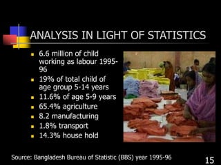 ANALYSIS IN LIGHT OF STATISTICS
 6.6 million of child
working as labour 1995-
96
 19% of total child of
age group 5-14 years
 11.6% of age 5-9 years
 65.4% agriculture
 8.2 manufacturing
 1.8% transport
 14.3% house hold
15
Source: Bangladesh Bureau of Statistic (BBS) year 1995-96
 