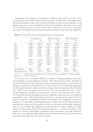 Importantly, the parameter η is signiﬁcant, so eﬃciency does change over time. In the
case without any wage variable, the parameter is negative and signiﬁcant, which suggests that
eﬃciency decreases over time. Once we control for wages, the sign is exactly opposite, i.e. the
eﬃciency increases over time. Inclusion of wages in the panel data estimation is thus crucial
as the real wages increase over time and this eﬀect translates into an increase in spending.
As a result, we abandon all time-invariant models that abstract away from wage diﬀerences.

  Table 9. Baseline SFA results: Cobb-Douglas function, no determinants

                              No adjustment                  Wage in outputs            Wage adjustment
                              TI        TV                   TI          TV             TI          TV
                                  ∗∗∗            ∗∗∗            ∗∗∗            ∗∗∗            ∗∗∗               ∗∗∗
  β0                    10.391          10.408          8.045          5.600          8.200            7.510
                                  ∗∗∗            ∗∗∗            ∗∗∗            ∗∗∗            ∗∗∗               ∗∗∗
  PC1                    1.164           1.161          1.144          1.135          1.042            1.061
                                  ∗∗∗            ∗∗∗            ∗∗∗            ∗∗∗            ∗∗∗               †
  PC2                   −0.169          −0.160         −0.151         −0.133         −0.163           −0.071
                                                                                              ∗
  PC3                    0.000           0.013          0.008         −0.058         −0.112           −0.074
                                  †                             †
  PC4                    0.049           0.038          0.048          0.040         −0.020            0.036
                                  †                                            †
  PC5                   −0.045          −0.037          0.000         −0.042         −0.026           −0.017
                                  ∗              ∗∗                            ∗              ∗∗∗
  PC6                   −0.124          −0.149         −0.171         −0.140         −0.286           −0.061
                                                                ∗∗∗            ∗∗∗
  Wage                                                  0.247          0.504
                                  ∗∗∗            ∗∗∗            ∗∗∗            ∗∗∗            ∗∗∗               ∗∗∗
  σ2                      0.077          0.079          0.064          0.074          0.096             0.081
                                  ∗∗∗            ∗∗∗            ∗∗∗            ∗∗∗            ∗∗∗               ∗∗∗
  γ                       0.858          0.858          0.834          0.855          0.875             0.861
                                  ∗∗∗            ∗∗∗            ∗∗∗            ∗∗∗            ∗∗∗               ∗∗∗
  µ                       0.515          0.520          0.462          0.504          0.579             0.529
                                                 ∗                             ∗∗∗                              ∗∗∗
  η                                     −0.007                         0.016                            0.038
  Log likelihood          648.8          652.7          655.0          667.2          560.4             656.7
                                  ∗∗∗
  LR one-sided error       1136           1144 ∗∗∗       1137 ∗∗∗       1161 ∗∗∗       1045 ∗∗∗          1237 ∗∗∗
   Note: ∗∗∗ , ∗∗ , ∗ denote statistical signiﬁcance at 1%, 5% and 10% level, respectively.   †
                                                                                                  denotes statistical
  signiﬁcance at 10% level on one-tail.
    In the next step, we estimate eﬃciency by means of Translog production with time-
variant eﬃciency and wage diﬀerences included. Table 10 reports the results. The ﬁrst and
the third column include all cross-product terms of principal components, i.e. the number of
explanatory variables increases from 6 (7) to 27 (28). Some of the basic principal components
are still negative and their signiﬁcance does not change much in comparison with the baseline
case. Most of the cross-product terms (16 out of 21) are not signiﬁcant either. Hence,
we drop explanatory variables with high p-value and after a few iterations end up with a
new production function encompassing only four signiﬁcant components and seven signiﬁcant
cross-product terms. This Pseudo-Translog function is captured in the second and fourth
column of Table 10. Log-likelihood decreases only slightly when insigniﬁcant variables are
dropped out. Interestingly, all principal components are part of the new production function,
although some of them enter the production only in an interaction with another component.
Thus, we may conclude that components computed from our output variables are indeed
relevant for this analysis. Finally, the estimated parameters γ, µ and η are similar to those
obtained in baseline Cobb-Douglas speciﬁcation with time-variance and wage diﬀerences.
Table A11 in the Appendix oﬀers individual scores for the Pseudo-Translog, both with costs
adjusted by wage diﬀerences and wages in outputs.

                                                        24
 