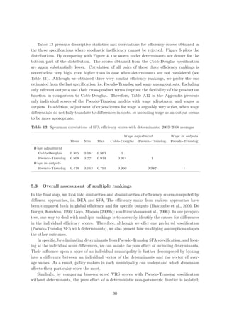 Table 13 presents descriptive statistics and correlations for eﬃciency scores obtained in
the three speciﬁcations where stochastic ineﬃciency cannot be rejected. Figure 5 plots the
distributions. By comparing with Figure 4, the scores under determinants are denser for the
bottom part of the distribution. The scores obtained from the Cobb-Douglas speciﬁcation
are again substantially lower. Correlation of all pairs of these three eﬃciency rankings is
nevertheless very high, even higher than in case when determinants are not considered (see
Table 11). Although we obtained three very similar eﬃciency rankings, we prefer the one
estimated from the last speciﬁcation, i.e. Pseudo-Translog and wage among outputs. Including
only relevant outputs and their cross-product terms improve the ﬂexibility of the production
function in comparison to Cobb-Douglas. Therefore, Table A12 in the Appendix presents
only individual scores of the Pseudo-Translog models with wage adjustment and wages in
outputs. In addition, adjustment of expenditures for wage is arguably very strict, when wage
diﬀerentials do not fully translate to diﬀerences in costs, so including wage as an output seems
to be more appropriate.

Table 13. Spearman correlations of SFA eﬃciency scores with determinants: 2003–2008 averages

                                                    Wage adjustment            Wage in outputs
                      Mean    Min     Max     Cobb-Douglas Pseudo-Translog     Pseudo-Translog
 Wage adjustment
   Cobb-Douglas       0.305   0.087   0.863           1
   Pseudo-Translog    0.508   0.221   0.914         0.974           1
 Wage in outputs
   Pseudo-Translog    0.438   0.163   0.790         0.950         0.982               1



5.3   Overall assessment of multiple rankings
In the ﬁnal step, we look into similarities and dissimilarities of eﬃciency scores computed by
diﬀerent approaches, i.e. DEA and SFA. The eﬃciency ranks from various approaches have
been compared both in global eﬃciency and for speciﬁc outputs (Balcombe et al., 2006; De
Borger, Kerstens, 1996; Geys, Moesen (2009b); von Hirschhausen et al., 2006). In our perspec-
tive, one way to deal with multiple rankings is to correctly identify the causes for diﬀerences
in the individual eﬃciency scores. Therefore, although we oﬀer one preferred speciﬁcation
(Pseudo-Translog SFA with determinants), we also present how modifying assumptions shapes
the other outcomes.
    In speciﬁc, by eliminating determinants from Pseudo-Translog SFA speciﬁcation, and look-
ing at the individual score diﬀerences, we can isolate the pure eﬀect of including determinants.
Their inﬂuence upon a score of an individual municipality is further decomposed by looking
into a diﬀerence between an individual vector of the determinants and the vector of aver-
age values. As a result, policy makers in each municipality can understand which dimension
aﬀects their particular score the most.
    Similarly, by comparing bias-corrected VRS scores with Pseudo-Translog speciﬁcation
without determinants, the pure eﬀect of a deterministic non-parametric frontier is isolated;


                                               30
 