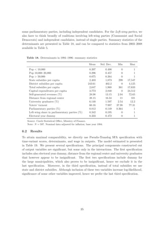 some parliamentary parties, including independent candidates. For the Left-wing parties, we
also have to think broadly of coalitions involving left-wing parties (Communist and Social
Democrats) and independent candidates, instead of single parties. Summary statistics of the
determinants are presented in Table 18, and can be compared to statistics from 2003–2008
available in Table 5.


   Table 18. Determinants in 1994–1996: summary statistics

                                                           Mean      Std. Dev.      Min     Max
       Pop < 10,000                                         0.397          0.490       0        1
       Pop 10,000–20,000                                    0.296          0.457       0        1
       Pop > 50,000                                         0.075          0.264       0        1
       State subsidies per capita                           2,403          1,873     299   17,547
       District subsidies per capita                       243.61          402.2       0    4,125
       Total subsidies per capita                           2,647          1,968     361   17,633
       Capital expenditures per capita                      3,773          2,840       0   24,512
       Self-generated revenues (%)                          28.98          13.15    2.94    72.65
       Distance from regional center                        38.15          16.34      11      101
       University graduates (%)                             6.140          1.597    2.54     12.2
       Voters’ turnout                                      60.16          7.987   37.98    77.31
       Parliamentary parties (%)                            0.812          0.149   0.364        1
       Left-wing share in parliamentary parties (%)         0.342          0.195       0        1
       Electoral year dummy                                 0.333          0.472       0        1
      Source: Czech Statistical Oﬃce, Ministry of Finance.
      Note: N = 597. Nominal data adjusted for inﬂation, base year 1994.

6.2     Results
To attain maximal comparability, we directly use Pseudo-Translog SFA speciﬁcation with
time-variant scores, determinants, and wage in outputs. The model estimated is presented
in Table 19. We present several speciﬁcations. The principal components constructed out
of output variables are signiﬁcant, but some only in the interactions. The ﬁrst speciﬁcation
includes also electoral year dummy, distance from the regional center and university graduates
that however appear to be insigniﬁcant. The ﬁrst two speciﬁcations include dummy for
the large municipalities, which also proves to be insigniﬁcant, hence we exclude it in the
last speciﬁcation. Moreover, in the third speciﬁcation, instead of total subsidies we use
state and district subsidies. Although inclusion of these two variables increase log-likelihood,
signiﬁcance of some other variables improved, hence we prefer the last third speciﬁcation.




                                                    35
 