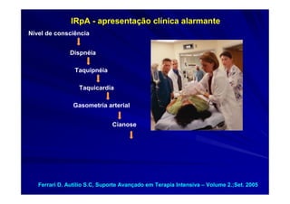IRpA - apresentação clínica alarmante
Nível de consciência


               Dispnéia

                Taquipnéia

                  Taquicardia

                Gasometria arterial


                              Cianose




   Ferrari D. Autílio S.C, Suporte Avançado em Terapia Intensiva – Volume 2.;Set. 2005
 