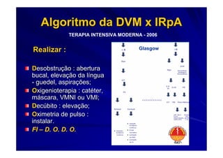 Algoritmo da DVM x IRpA
             TERAPIA INTENSIVA MODERNA - 2006


Realizar :                            Glasgow



Desobstrução : abertura
bucal, elevação da língua
- guedel, aspirações;
Oxigenioterapia : catéter,
máscara, VMNI ou VMI;
Decúbito : elevação;
Oximetria de pulso :
instalar.
FI – D. O. D. O.
 