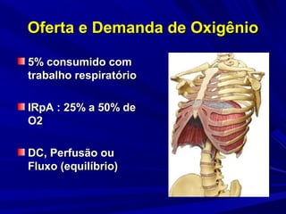 Oferta e Demanda de Oxigênio

5% consumido com
trabalho respiratório

IRpA : 25% a 50% de
O2

DC, Perfusão ou
Fluxo (equilíbrio)
 