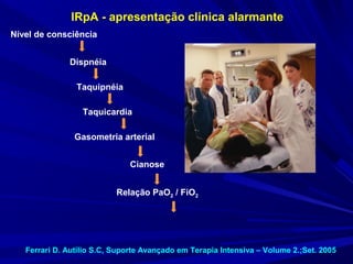 IRpA - apresentação clínica alarmante
Nível de consciência


              Dispnéia

                Taquipnéia

                  Taquicardia

                Gasometria arterial


                              Cianose


                           Relação PaO2 / FiO2




   Ferrari D. Autílio S.C, Suporte Avançado em Terapia Intensiva – Volume 2.;Set. 2005
 