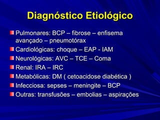 Diagnóstico Etiológico
Pulmonares: BCP – fibrose – enfisema
avançado – pneumotórax
Cardiológicas: choque – EAP - IAM
Neurológicas: AVC – TCE – Coma
Renal: IRA – IRC
Metabólicas: DM ( cetoacidose diabética )
Infecciosa: sepses – meningite – BCP
Outras: transfusões – embolias – aspirações
 