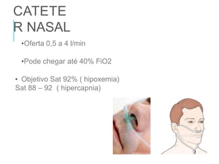CATETE
R NASAL
•Oferta 0,5 a 4 l/min
•Pode chegar até 40% FiO2
• Objetivo Sat 92% ( hipoxemia)
Sat 88 – 92 ( hipercapnia)
 