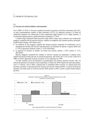 2.
IL TURISMO IN TOSCANA NEL 2010



2.1
La Toscana nel contesto italiano e internazionale

Tra il 2009 e il 2010 in Toscana complessivamente le presenze turistiche aumentano del 2,6%,
in netta controtendenza rispetto al dato nazionale (-0,7%). La dinamica toscana è il frutto di
andamenti antitetici che interessano le due componenti degli italiani (-1,9) e degli stranieri, il
cui aumento delle presenze è particolarmente accentuato (+7,9%)
    L’analisi degli andamenti delle presenze negli ultimi cinque anni evidenzia una tendenziale
maggior competitività del turismo toscano, rispetto al complesso del sistema turistico nazionale.
In particolare emerge, nell’ultimo anno,
• la conferma di una maggior capacità del sistema turistico regionale di confrontarsi con la
    domanda proveniente dai mercati internazionali e di sfruttarne la ripresa a seguito della crisi
    (+7,9% le presenze straniere contro il +2,4% dell’Italia)
• la capacità di limitare le perdite sul fronte del turismo interno. (-1,9% contro il -3,1%
    dell’Italia).
    Questa maggiore competitività conduce il turismo toscano ad aumentare il proprio peso
rispetto all’insieme della nazione in termini di presenze, dal 10,8% all’11,5% in soli 5 anni tra il
2005 e il 2010, superando la quota record di 11,3% registrata nel 1999.
    Un dato soltanto serva ad esprimere la performance del sistema turistico toscano. Dei 3,8
milioni di presenze di stranieri in più registratesi in Italia nel 2010 rispetto all’anno precedente,
circa 1,5 milioni, circa il 40%, costituiscono il contributo della Toscana. La ripresa post-crisi
accentua, pertanto, la specializzazione toscana nel turismo internazionale. La quota di presenze
straniere sul totale torna ai livelli record del 2002 intorno al 49%, contro un dato medio italiano
del 44%.

                                                         Grafico 2.1
                             PRESENZE TURISTICHE IN TOSCANA E ITALIA PER TIPOLOGIA. 2010, 2009
                                              Variazioni % su anno precedente
 5                                                                                     4,6
       Alberghiero: Totale          Extra-Alberghiero: Totale
 4

 3

 2
                                         1,4
 1                                                                                                       0,6

 0

 -1

 -2

 -3                   -2,6
                             2009/2008                                                       2010/2009
                                    Fonte: elaborazioni IRPET su dati Ufficio Regionale di Statistica




                                                                  17
 