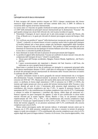 2.2
I principali mercati di sbocco internazionali

Il forte recupero del sistema turistico toscano nel 2010 è dunque caratterizzato dal ritorno
massiccio degli stranieri venuti meno nell’anno centrale della crisi, il 2009. Si rafforza la
vocazione della regione al turismo internazionale.
Lo scorso anno si è tracciato un quadro strutturale di medio periodo, dell’evoluzione tra il 2000
e il 2007 della domanda nei principali mercati internazionali per la destinazione “Toscana”. Da
quel quadro emergevano alcuni fatti stilizzati che vale la pena ricordare di seguito.
1 Nonostante l’emergere di nuovi mercati per lo più extra-europei (si pensi alla Russia, alla
    Cina, al Brasile ecc.), le quote più rilevanti di stranieri provengono ancora da Europa e Stati
    Uniti.
2 Si è verificata una perdita di “appeal” della destinazione toscana per uno dei suoi tradizionali
    “clienti”, i tedeschi e in misura minore svizzeri e austriaci anche sotto la spinta dell’emergere
    di località balneari più a buon prezzo sempre più facilmente raggiungibili dalla Germania
    (Croazia, Spagna la costa sud del mediterraneo). Tale perdita in realtà assomiglia più ad un
    fenomeno di transizione da una tipologia di turismo balneare ad un altro, una volta analizzate
    le aree dove si concentra la perdita di presenze.
3 Sono diminuite in modo rilevante le presenze di turisti provenienti dal Giappone
4 La perdita di appeal della destinazione Toscana nei confronti di alcuni mercati viene più che
    compensata dall’emergere di nuovi “clienti”e in particolare
    a. Alcuni paesi dell’Europa occidentale, (Spagna, Francia Olanda, Inghilterra) , del Nord e
        dell’Est
    b. I paesi economicamente più importanti e dinamici del Sud America e dell’Asia, che
        realizzano un vero e proprio boom di presenze.
    Quest’anno si cercherà da un lato di analizzare nel dettaglio le componenti principali della
forte ripresa manifestatasi durante il 2010. e dall’altro di rintracciare le ragioni dell’evoluzione
di alcuni dei principali mercati internazionali di riferimento della Toscana attraverso un’analisi
il confronto dei dati 2005 e 2010
    Il grafico sottostante mostra la nuova geografia dei mercati internazionali che si rivolgono
alla destinazione Toscana. Complessivamente le presenze di turisti internazionali in Toscana
crescono nel 2010 del 7,9%. Buona parte del merito della ripresa del turismo toscano sul fronte
estero va attribuita al ritorno degli statunitensi (+20% le presenze tra il 2009 e il 2010), che
insieme agli inglesi pesano per circa un quinto del turismo internazionale della Toscana e sono
mancati durante gli anni di crisi. L’incremento delle presenze degli statunitensi nel 2010
contribuisce alla crescita complessiva per ben l’1,8%. A seguire le presenze francesi, che
aumentano del 9% e che contribuiscono al risultato complessivo per circa lo 0,7%. Continuando
a valutare in ordine di importanza i contributi alla ripresa, subito dopo gli americani ed i
francesi seguono tre paesi emergenti che appena 15 anni fa non costituivano in alcun modo
mercati rilevanti per la nostra regione: Russia, Brasile e Cina, le cui presenze crescono
rispettivamente del 38%, 55%, e 39%, e che contribuiscono alla crescita complessiva degli
stranieri in Toscana per rispettivamente lo 0,6%, 0,5% e 0,5%. Infine vi è il buon risultato sul
fronte del turismo spagnolo, le cui presenze aumentano dell’11,3% contribuendo alla crescita
complessiva per circa lo 0,4%.
    Buone notizie provengono anche dal mercato tedesco -il principale mercato estero per la
Toscana con il 22% delle presenze complessive- che torna a crescere in termini di presenze
seppur in modo non eclatante (+1,5%) contribuendo alla crescita complessiva per circa lo 0,3%
seguito dagli altri paesi di lingua tedesca l’Austria e la Svizzera. Una crescita apprezzabile, vista




                                                 22
 
