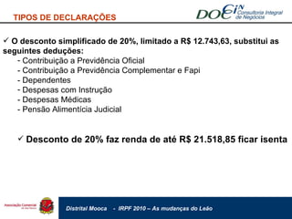 TIPOS DE DECLARAÇÕES O desconto simplificado de 20%, limitado a R$ 12.743,63, substitui as seguintes deduções: Contribuição a Previdência Oficial - Contribuição a Previdência Complementar e Fapi - Dependentes Despesas com Instrução - Despesas Médicas - Pensão Alimentícia Judicial Desconto de 20% faz renda de até R$ 21.518,85 ficar isenta 