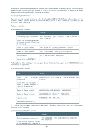 A conversão de moeda estrangeira para dólares dos Estados Unidos da América é feita pelo valor fixado
pela autoridade monetária do país emissor da moeda, para a data do pagamento, na aquisição, e para a
data do recebimento, na alienação, liquidação ou resgate.
Exemplo (cotações fictícias):
Supondo que, no exemplo anterior, o valor de alienação (US$ 50,000.00) tenha sido recebido em três
parcelas, sendo a primeira de US$ 20,000.00 em 13/06/2014 e as duas últimas de US$ 15,000.00, em
31/07/2014 e em 15/08/2014.
Retorno ao sumário
a) recebimento da 1ª parcela:
Item Cálculo
Custo de aquisição proporcional
[Custo total de aquisição x (Valor
da parcela recebida / Valor total
de alienação)]
US$ 40,000.00 x (US$ 20,000.00 / US$ 50,000.00) =
US$ 16,000.00
Ganho de Capital em US$ US$ 20,000.00 - US$ 16,000.00 = US$ 4,000.00
Ganho de Capital em reais US$ 4,000.00 x R$ 2,85000 (*) = R$ 11.400,00
Imposto devido
(Vencimento em 31/07/2014)
R$ 11.400,00 x 15% = R$ 1.710,00
(*) Cotação do dólar fixada para compra, pelo Banco Central do Brasil, para o dia 13/06/2014 (data do
recebimento da 1ª parcela).
b) recebimento da 2ª parcela:
Item Cálculo
Custo de aquisição
proporcional
[Custo total de aquisição x
(Valor da parcela recebida /
Valor total de alienação)]
US$ 40,000.00 x (US$ 15,000.00 / US$ 50,000.00) = US$
12,000.00
Ganho de Capital em US$ US$ 15,000.00 - US$ 12,000.00 = US$ 3,000.00
Ganho de Capital em reais US$ 3,000.00 x R$ 2,86690 (*) = R$ 8.600,70
Imposto devido
(Vencimento em 29/08/2014)
R$ 8.600,70 x 15% = R$ 1.290,11
(*) Cotação do dólar fixada para compra, pelo Banco Central do Brasil, para o dia 31/07/2014 (data do
recebimento da 2ª parcela).
c) recebimento da 3ª e última parcela
Item Cálculo
Custo de aquisição proporcional
[Custo total de aquisição x (Valor
da parcela recebida / Valor total de
US$ 40,000.00 x (US$ 15,000.00 / US$ 50,000.00) =
US$ 12,000.00
242
 