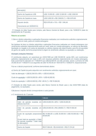 alienação)]
Ganho de Capital em US$ US$ 15,000.00 - US$ 12,000.00 = US$ 3,000.00
Ganho de Capital em reais US$ 3,000.00 x R$ 2,99220 (*) = R$ 8.976,60
Imposto devido
(Vencimento em 30/09/2014)
R$ 8.976,60 x 15% = R$ 1.346,49
(*) Cotação do dólar fixada para compra, pelo Banco Central do Brasil, para o dia 15/08/2014 (data do
recebimento da 3ª parcela).
Retorno ao sumário
3. Bens e direitos adquiridos e aplicações financeiras realizadas com rendimentos auferidos originariamente
parte em reais, parte em moeda estrangeira.
Na hipótese de bens ou direitos adquiridos e aplicações financeiras realizadas em moeda estrangeira com
rendimentos auferidos originariamente parte em reais, parte em moeda estrangeira, os valores de alienação,
liquidação ou resgate e os custos de aquisição ou valores originais são determinados, para fins de apuração
do ganho de capital, de forma proporcional à origem do rendimento utilizado na aquisição ou realização.
Exemplo (cotações fictícias):
O contribuinte adquiriu um automóvel em 23/03/1999 por US$ 50,000.00, sendo 80% com rendimentos
auferidos originariamente em reais e 20% com recursos auferidos originariamente em moeda estrangeira.
Este automóvel foi alienado em 11/06/2014 por US$ 62,500.00, em três parcelas, sendo a primeira de US$
25,000.00 em 11/06/2014 e as seguintes de US$ 18,750.00 em 16/07/2014 e 13/08/2014, respectivamente.
Faz-se o cálculo proporcional, conforme demonstrado abaixo:
a) Ganho de Capital da parte adquirida com rendimentos auferidos originariamente em reais:
Valor de alienação = US$ 62,500.00 x 80% = US$ 50,000.00;
Custo de aquisição = US$ 50,000.00 x 80% = US$ 40,000.00;
Custo de aquisição = US$ 40,000.00 x R$ 1,8516 (*) = R$ 74.064,00;
(*) Cotação do dólar fixada para venda, pelo Banco Central do Brasil, para o dia 23/03/1999 (data do
pagamento, na aquisição).
Calcula-se o imposto devido correspondente a cada parcela:
a.1) recebimento da 1ª parcela:
Item Cálculo
Valor da parcela recebida em
dólares dos EUA
US$ 25,000.00 x 80% = US$ 20,000.00
Valor da parcela recebida em
reais
US$ 20,000.00 x R$ 2,85000 (*) = R$ 57.000,00
Custo de aquisição proporcional
(**)
[Custo total de aquisição x (Valor
da parcela recebida / Valor total
de alienação)]
R$ 74.064,00 x (US$ 20,000.00 / US$ 50,000.00) = R$
29.625,60
Ganho de Capital R$ 57.000,00 - R$ 29.625,60 = R$ 27.374,40
243
 