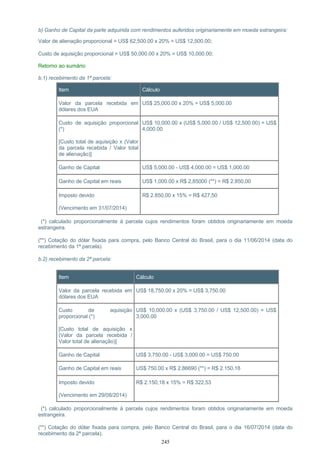 b) Ganho de Capital da parte adquirida com rendimentos auferidos originariamente em moeda estrangeira:
Valor de alienação proporcional = US$ 62,500.00 x 20% = US$ 12,500.00;
Custo de aquisição proporcional = US$ 50,000.00 x 20% = US$ 10,000.00;
Retorno ao sumário
b.1) recebimento da 1ª parcela:
Item Cálculo
Valor da parcela recebida em
dólares dos EUA
US$ 25,000.00 x 20% = US$ 5,000.00
Custo de aquisição proporcional
(*)
[Custo total de aquisição x (Valor
da parcela recebida / Valor total
de alienação)]
US$ 10,000.00 x (US$ 5,000.00 / US$ 12,500.00) = US$
4,000.00
Ganho de Capital US$ 5,000.00 - US$ 4,000.00 = US$ 1,000.00
Ganho de Capital em reais US$ 1,000.00 x R$ 2,85000 (**) = R$ 2.850,00
Imposto devido
(Vencimento em 31/07/2014)
R$ 2.850,00 x 15% = R$ 427,50
(*) calculado proporcionalmente à parcela cujos rendimentos foram obtidos originariamente em moeda
estrangeira.
(**) Cotação do dólar fixada para compra, pelo Banco Central do Brasil, para o dia 11/06/2014 (data do
recebimento da 1ª parcela).
b.2) recebimento da 2ª parcela:
Item Cálculo
Valor da parcela recebida em
dólares dos EUA
US$ 18,750.00 x 20% = US$ 3,750.00
Custo de aquisição
proporcional (*)
[Custo total de aquisição x
(Valor da parcela recebida /
Valor total de alienação)]
US$ 10,000.00 x (US$ 3,750.00 / US$ 12,500.00) = US$
3,000.00
Ganho de Capital US$ 3,750.00 - US$ 3,000.00 = US$ 750.00
Ganho de Capital em reais US$ 750.00 x R$ 2,86690 (**) = R$ 2.150,18
Imposto devido
(Vencimento em 29/08/2014)
R$ 2.150,18 x 15% = R$ 322,53
(*) calculado proporcionalmente à parcela cujos rendimentos foram obtidos originariamente em moeda
estrangeira.
(**) Cotação do dólar fixada para compra, pelo Banco Central do Brasil, para o dia 16/07/2014 (data do
recebimento da 2ª parcela).
245
 