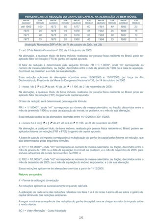PERCENTUAIS DE REDUÇÃO DO GANHO DE CAPITAL NA ALIENAÇÃO DE BEM IMÓVEL
ANO DE
AQUISIÇÃO
% DE
REDUÇÃO
ANO DE
AQUISIÇÃO
% DE
REDUÇÃO
ANO DE
AQUISIÇÃO
% DE
REDUÇÃO
ANO DE
AQUISIÇÃO
% DE
REDUÇÃO
ANO DE
AQUISIÇÃO
% DE
REDUÇÃO
até 1969 100 1973 80 1977 60 1981 40 1985 20
1970 95 1974 75 1978 55 1982 35 1986 15
1971 90 1975 70 1979 50 1983 30 1987 10
1972 85 1976 65 1980 45 1984 25 1988 5
(Instrução Normativa SRF nº 84, de 11 de outubro de 2001, art. 26)
2 - art. 37 da Medida Provisória nº 252, de 15 de junho de 2005:
Na alienação, a qualquer título, de bens imóveis, realizada por pessoa física residente no Brasil, pode ser
aplicado fator de redução (FR) do ganho de capital apurado.
O fator de redução é determinado pela seguinte fórmula: FR = 1 / 1,0035m
, onde "m" corresponde ao
número de meses-calendário, ou fração, decorridos entre o mês de janeiro de 1996 ou a data de aquisição
do imóvel, se posterior, e o mês de sua alienação.
Essa redução aplica-se às alienações ocorridas entre 16/06/2005 e 13/10/2005, por força do Ato
Declaratório do Presidente da Mesa do Congresso Nacional nº 38, de 14 de outubro de 2005.
3 - inciso I do § 1º e § 2º do art. 40 da Lei nº 11.196, de 21 de novembro de 2005:
Na alienação, a qualquer título, de bens imóveis, realizada por pessoa física residente no Brasil, pode ser
aplicado fator de redução (FR1) do ganho de capital apurado.
O fator de redução será determinado pela seguinte fórmula:
FR1 = 1/1,0060m1
, onde “m1” corresponde ao número de meses-calendário, ou fração, decorridos entre o
mês de janeiro de 1996 ou a data de aquisição do imóvel, se posterior, e o mês de sua alienação.
Essa redução aplica-se às alienações ocorridas entre 14/10/2005 e 30/11/2005.
4 - incisos I e II do § 1º e § 2º do art. 40 da Lei nº 11.196, de 21 de novembro de 2005:
Na alienação, a qualquer título, de bens imóveis, realizada por pessoa física residente no Brasil, podem ser
aplicados fatores de redução (FR1 e FR2) do ganho de capital apurado.
A base de cálculo do imposto corresponde à multiplicação do ganho de capital pelos fatores de redução, que
são determinados pelas seguintes fórmulas:
a) FR1 = 1/1,0060m1
, onde "m1" corresponde ao número de meses-calendário, ou fração, decorridos entre o
mês de janeiro de 1996 ou a data de aquisição do imóvel, se posterior, e o mês de novembro de 2005, para
imóveis adquiridos até o mês de novembro de 2005; e
b) FR2 = 1/1,0035m2
, onde "m2" corresponde ao número de meses-calendário, ou fração, decorridos entre o
mês de dezembro de 2005, ou o mês da aquisição do imóvel, se posterior, e o de sua alienação.
Essas reduções aplicam-se às alienações ocorridas a partir de 1º/12/2005.
Retorno ao sumário
II - Forma de utilização da redução
As reduções aplicam-se sucessivamente e quando cabíveis.
A aplicação de cada uma das reduções referidas nos itens 1 a 4 do inciso I acima dá-se sobre o ganho de
capital diminuído das reduções anteriores.
A seguir mostra-se a sequência das reduções do ganho de capital para se chegar ao valor do imposto sobre
a renda devido:
BC1 = Valor Alienação – Custo Aquisição
252
 