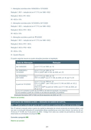 1 - Alienações ocorridas entre 16/06/2005 e 13/10/2005:
Redução 1: BC1 – redução da Lei nº 7.713, de 1988 = BC2
Redução 2: BC2 x FR = BC3
IR = BC3 x 15%
2 - Alienações ocorridas entre 14/10/2005 e 30/11/2005:
Redução 1: BC1 – redução da Lei nº 7.713, de 1988 = BC2;
Redução 2: BC2 x FR1 = BC3
IR = BC3 x 15%
3 - Alienações ocorridas a partir de 1º/12/2005:
Redução 1: BC1 – redução da Lei nº 7.713, de 1988 = BC2;
Redução 2: BC2 x FR1 = BC3;
Redução 3: BC3 x FR2 = BC4;
IR = BC4 x 15%.
III - Quadro Resumo
O quadro seguinte resume as quatro situações previstas na legislação:
Data de Alienação Redução
Até 15/06/2005 Lei nº 7.713, de 1988, art. 18.
De 16/06/2005 a
13/10/2005
Lei nº 7.713, de 1988, art. 18;
FR=1/1,0035m
(MP nº 252, de 2005, art. 37)
De 14/10/2005 a
30/11/2005
Lei nº 7.713, de 1988, art. 18;
FR1=1/1,0060m1
(Lei nº 11.196, de 2005, art. 40, §§ 1º e 2º)
A partir de 1º/12/2005
Lei nº 7.713, de 1988 art. 18;
FR1=1/1,0060m1
(até 11/05); (Lei nº 11.196, de 2005, art. 40, §
1º, I e § 2º)
FR2=1/1,0035m2
(a partir de 12/05). (Lei nº 11.196, de 2005, art.
40, § 1º, II)
a) m e m1 contados a partir de 01/1996 ou da data de aquisição, se posterior;
b) m2 contados a partir de 12/2005 ou da data de aquisição, se posterior.
(Instrução Normativa SRF nº 599, de 28 de dezembro de 2005, art. 3º)
Retorno ao sumário
EDIFICAÇÃO EM TERRENO ALHEIO — REDUÇÃO DO GANHO DE CAPITAL
605 — É cabível a redução do ganho de capital quando o contribuinte edifica em terreno alheio?
Sim. É cabível a redução sobre o ganho de capital na alienação de imóvel construído em terreno alheio, uma
vez que a construção efetuada em propriedade alheia caracteriza-se como bem imóvel, nos termos do art.
79 da Lei nº 10.406, de 10 de janeiro de 2002 - Código Civil, dado seu caráter de permanência, desde que
observadas as orientações da pergunta 595.
Consulte a pergunta 606
Retorno ao sumário
253
 