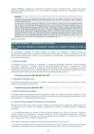 Valores Mobiliários, sujeitam-se à incidência do imposto na fonte à alíquota de 15%, quando não tiverem
tributação específica prevista em lei, ou se recebidos por residente em país com tributação favorecida, à
alíquota de 25%.
Atenção:
Considera-se país com tributação favorecida aquele que não tribute a renda ou que a tribute à
alíquota inferior a 20%.
(Lei nº 9.779, de 19 de janeiro de 1999, arts. 7º e 8º; MP nº 2.158-35, de 24 de agosto de 2001,
art. 29; MP nº 2.189-49, de 23 de agosto de 2001, art. 16; Decreto nº 3.000, de 26 de março de
1999 – Regulamento do Imposto sobre a Renda – RIR/1999, art. 685; Instrução Normativa SRF nº
208, de 27 de setembro de 2002, arts. 26, 27, 35 a 45; Instrução Normativa RFB nº 1.022, de 5 de
abril de 2010, capítulo III; Instrução Normativa RFB nº 1.043, de 15 de junho de 2010; Instrução
Normativa RFB nº 1.236, de 11 de janeiro de 2012; Instrução Normativa RFB nº 1.290, de 06 de
setembro de 2012; Instrução Normativa RFB nº 1.500, de 29 de outubro de 2014, arts. 2º,
parágrafo único, inciso II, 19, inciso XVI, e 21, parágrafo único)
Retorno ao sumário
RESIDENTE NO BRASIL — RENDIMENTOS DO EXTERIOR
120 — Como são tributados os rendimentos recebidos por residente no Brasil de fontes no
exterior?
Os rendimentos recebidos de fontes situadas no exterior, por residente no Brasil, inclusive de
representações diplomáticas e organismos internacionais, observados os acordos, convenções e tratados
internacionais firmados entre o Brasil e o país de origem dos rendimentos, ou reciprocidade de tratamento,
têm o seguinte tratamento:
1 - Ganhos de capital
A alienação de bens ou direitos e a liquidação ou resgate de aplicações financeiras, inclusive depósito
remunerado, adquiridos, a qualquer título, em moeda estrangeira, bem assim a alienação de moeda
estrangeira mantida em espécie, de propriedade de pessoa física, estão sujeitos à apuração de ganho de
capital sujeito à tributação de forma definitiva (ganho de capital sobre bens e direitos adquiridos em moeda
estrangeira e ganho de capital sobre alienação de moeda estrangeira em espécie);
Consulte as perguntas 598, 599, 600, 601 e 602
2 - Resultado da atividade rural
O resultado da atividade rural exercida no exterior, quando positivo, integra a base de cálculo do imposto
devido na Declaração de Ajuste Anual.
Consulte as perguntas 488, 489 e 490
3 - Demais rendimentos recebidos
Os demais rendimentos recebidos de fontes situadas no exterior por residente no Brasil, transferidos ou não
para o País, estão sujeitos à tributação sob a forma de recolhimento mensal obrigatório (carnê-leão), no mês
do recebimento, e na Declaração de Ajuste Anual.
3.1 - Base de cálculo sujeita à incidência mensal do imposto
Na determinação da base de cálculo sujeita à incidência mensal do imposto, quando não utilizados para fins
de retenção na fonte, podem ser deduzidos, observados os limites e condições fixados na legislação
pertinente:
I - as importâncias pagas em dinheiro a título de pensão alimentícia em face das normas do Direito de
Família, quando em cumprimento de decisão judicial ou acordo homologado judicialmente, inclusive a
prestação de alimentos provisionais, ou de escritura pública a que se refere o art. 1.124-A da Lei nº 5.869,
de 11 de janeiro de 1973 - Código de Processo Civil;
Para efeitos da aplicação da dedução relativa à pensão alimentícia, observe-se que:
I - as importâncias pagas relativas ao suprimento de alimentos, em face do Direito de Família, serão aquelas
em dinheiro e somente a título de prestação de alimentos provisionais ou a título de pensão alimentícia;
65
 