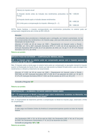 Cálculo do imposto anual
(I) Imposto devido antes da inclusão dos rendimentos produzidos na
França
(II) Imposto devido após a inclusão desses rendimentos
(III) Limite para a compensação do imposto: diferença (II — I)
R$ 1.000,00
R$ 4.860,38
R$ 3.860,38
NOTA: Nesta hipótese, o imposto correspondente aos rendimentos produzidos no exterior pode ser
compensado integralmente até o limite de R$ 3.005,25.
Atenção:
O contribuinte deve providenciar a tradução para o português, por tradutor juramentado, do teor
dos comprovantes dos rendimentos e do imposto pago, para que este possa ser compensado na
Declaração de Ajuste Anual.
(Decreto nº 3.000, de 26 de março de 1999 – Regulamento do Imposto sobre a Renda –
RIR/1999, art. 103 e 997; Instrução Normativa RFB nº 1.226, de 23 de dezembro de 2011;
Instrução Normativa SRF nº 208, de 27 de setembro de 2002, art. 16, §§ 1º, 4º, 6º e 8º; Parecer
Normativo CST nº 3, de 1979)
Retorno ao sumário
IMPOSTO PAGO NO EXTERIOR — COMPENSAÇÃO MENSAL/ANUAL
128 — O imposto pago no exterior pode ser compensado apenas com o imposto apurado na
Declaração de Ajuste Anual?
Não. O imposto sobre a renda pago no exterior tanto pode ser compensado na apuração mensal do imposto
quanto na Declaração de Ajuste Anual, desde que haja acordo ou tratado firmado entre o país de origem dos
rendimentos e o Brasil ou tratamento de reciprocidade.
(Decreto nº 3.000, de 26 de março de 1999 – Regulamento do Imposto sobre a Renda –
RIR/1999, art. 997; Instrução Normativa SRF nº 208. de 27 de setembro de 2002, art. 16, §§ 1º,
4º, 6º e 8º; Instrução Normativa RFB nº 1.500, de 29 de outubro de 2014, art. 65, § 2º)
Consulte a Pergunta 127
Retorno ao sumário
COMPENSAÇÃO — ALEMANHA, ESTADOS UNIDOS E REINO UNIDO
129 — É compensável no Brasil o imposto pago sobre rendimentos recebidos na Alemanha, nos
Estados Unidos da América e no Reino Unido?
Sim. A reciprocidade de tratamento permite a compensação no Brasil do imposto pago, observado o limite
de compensação.
Atenção:
O valor pago nos Estados Unidos da América é compensável apenas quando se tratar de imposto
federal.
(Ato Declaratório SRF nº 28, de 26 de abril de 2000; Ato Declaratório SRF nº 48, de 27 de junho
de 2000; Ato Declaratório Interpretativo nº 16, de 22 de dezembro de 2005)
Consulte as perguntas 127 e 128
Retorno ao sumário
71
 