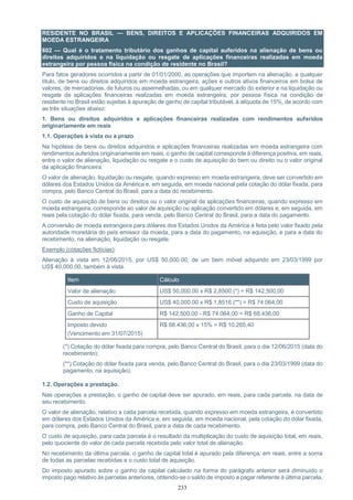 233
RESIDENTE NO BRASIL — BENS, DIREITOS E APLICAÇÕES FINANCEIRAS ADQUIRIDOS EM
MOEDA ESTRANGEIRA
602 — Qual é o tratamento tributário dos ganhos de capital auferidos na alienação de bens ou
direitos adquiridos e na liquidação ou resgate de aplicações financeiras realizadas em moeda
estrangeira por pessoa física na condição de residente no Brasil?
Para fatos geradores ocorridos a partir de 01/01/2000, as operações que importem na alienação, a qualquer
título, de bens ou direitos adquiridos em moeda estrangeira, ações e outros ativos financeiros em bolsa de
valores, de mercadorias, de futuros ou assemelhadas, ou em qualquer mercado do exterior e na liquidação ou
resgate de aplicações financeiras realizadas em moeda estrangeira, por pessoa física na condição de
residente no Brasil estão sujeitas à apuração de ganho de capital tributável, à alíquota de 15%, de acordo com
as três situações abaixo:
1. Bens ou direitos adquiridos e aplicações financeiras realizadas com rendimentos auferidos
originariamente em reais
1.1. Operações à vista ou a prazo
Na hipótese de bens ou direitos adquiridos e aplicações financeiras realizadas em moeda estrangeira com
rendimentos auferidos originariamente em reais, o ganho de capital corresponde à diferença positiva, em reais,
entre o valor de alienação, liquidação ou resgate e o custo de aquisição do bem ou direito ou o valor original
da aplicação financeira.
O valor de alienação, liquidação ou resgate, quando expresso em moeda estrangeira, deve ser convertido em
dólares dos Estados Unidos da América e, em seguida, em moeda nacional pela cotação do dólar fixada, para
compra, pelo Banco Central do Brasil, para a data do recebimento.
O custo de aquisição de bens ou direitos ou o valor original de aplicações financeiras, quando expresso em
moeda estrangeira, corresponde ao valor de aquisição ou aplicação convertido em dólares e, em seguida, em
reais pela cotação do dólar fixada, para venda, pelo Banco Central do Brasil, para a data do pagamento.
A conversão de moeda estrangeira para dólares dos Estados Unidos da América é feita pelo valor fixado pela
autoridade monetária do país emissor da moeda, para a data do pagamento, na aquisição, e para a data do
recebimento, na alienação, liquidação ou resgate.
Exemplo (cotações fictícias):
Alienação à vista em 12/06/2015, por US$ 50,000.00, de um bem móvel adquirido em 23/03/1999 por
US$ 40,000.00, também à vista.
Item Cálculo
Valor de alienação US$ 50,000.00 x R$ 2,8500 (*) = R$ 142.500,00
Custo de aquisição US$ 40,000.00 x R$ 1,8516 (**) = R$ 74.064,00
Ganho de Capital R$ 142.500,00 - R$ 74.064,00 = R$ 68.436,00
Imposto devido
(Vencimento em 31/07/2015)
R$ 68.436,00 x 15% = R$ 10.265,40
(*) Cotação do dólar fixada para compra, pelo Banco Central do Brasil, para o dia 12/06/2015 (data do
recebimento);
(**) Cotação do dólar fixada para venda, pelo Banco Central do Brasil, para o dia 23/03/1999 (data do
pagamento, na aquisição).
1.2. Operações a prestação.
Nas operações a prestação, o ganho de capital deve ser apurado, em reais, para cada parcela, na data de
seu recebimento.
O valor de alienação, relativo a cada parcela recebida, quando expresso em moeda estrangeira, é convertido
em dólares dos Estados Unidos da América e, em seguida, em moeda nacional, pela cotação do dólar fixada,
para compra, pelo Banco Central do Brasil, para a data de cada recebimento.
O custo de aquisição, para cada parcela é o resultado da multiplicação do custo de aquisição total, em reais,
pelo quociente do valor de cada parcela recebida pelo valor total de alienação.
No recebimento da última parcela, o ganho de capital total é apurado pela diferença, em reais, entre a soma
de todas as parcelas recebidas e o custo total de aquisição.
Do imposto apurado sobre o ganho de capital calculado na forma do parágrafo anterior será diminuído o
imposto pago relativo às parcelas anteriores, obtendo-se o saldo de imposto a pagar referente à última parcela,
 