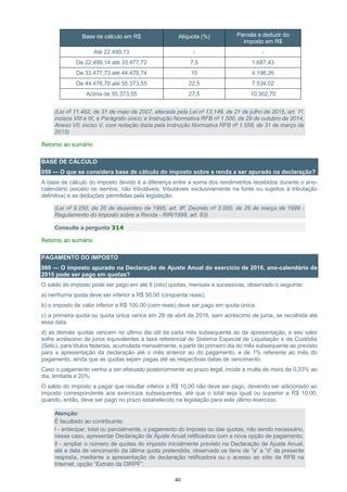 40
Base de cálculo em R$ Alíquota (%) Parcela a deduzir do
imposto em R$
Até 22.499,13 - -
De 22.499,14 até 33.477,72 7,5 1.687,43
De 33.477,73 até 44.476,74 15 4.198,26
De 44.476,75 até 55.373,55 22,5 7.534,02
Acima de 55.373,55 27,5 10.302,70
(Lei nº 11.482, de 31 de maio de 2007, alterada pela Lei nº 13.149, de 21 de julho de 2015, art. 1º,
incisos VIII e IX, e Parágrafo único; e Instrução Normativa RFB nº 1.500, de 29 de outubro de 2014,
Anexo VII, inciso V, com redação dada pela Instrução Normativa RFB nº 1.558, de 31 de março de
2015)
Retorno ao sumário
BASE DE CÁLCULO
059 — O que se considera base de cálculo do imposto sobre a renda a ser apurado na declaração?
A base de cálculo do imposto devido é a diferença entre a soma dos rendimentos recebidos durante o ano-
calendário (exceto os isentos, não tributáveis, tributáveis exclusivamente na fonte ou sujeitos à tributação
definitiva) e as deduções permitidas pela legislação.
(Lei nº 9.250, de 26 de dezembro de 1995, art. 8º; Decreto nº 3.000, de 26 de março de 1999 -
Regulamento do Imposto sobre a Renda - RIR/1999, art. 83)
Consulte a pergunta 314
Retorno ao sumário
PAGAMENTO DO IMPOSTO
060 — O imposto apurado na Declaração de Ajuste Anual do exercício de 2016, ano-calendário de
2015 pode ser pago em quotas?
O saldo do imposto pode ser pago em até 8 (oito) quotas, mensais e sucessivas, observado o seguinte:
a) nenhuma quota deve ser inferior a R$ 50,00 (cinquenta reais);
b) o imposto de valor inferior a R$ 100,00 (cem reais) deve ser pago em quota única.
c) a primeira quota ou quota única vence em 29 de abril de 2016, sem acréscimo de juros, se recolhida até
essa data.
d) as demais quotas vencem no último dia útil de cada mês subsequente ao da apresentação, e seu valor
sofre acréscimo de juros equivalentes à taxa referencial do Sistema Especial de Liquidação e de Custódia
(Selic), para títulos federais, acumulada mensalmente, a partir do primeiro dia do mês subsequente ao previsto
para a apresentação da declaração até o mês anterior ao do pagamento, e de 1% referente ao mês do
pagamento, ainda que as quotas sejam pagas até as respectivas datas de vencimento.
Caso o pagamento venha a ser efetuado posteriormente ao prazo legal, incide a multa de mora de 0,33% ao
dia, limitada a 20%.
O saldo do imposto a pagar que resultar inferior a R$ 10,00 não deve ser pago, devendo ser adicionado ao
imposto correspondente aos exercícios subsequentes, até que o total seja igual ou superior a R$ 10,00,
quando, então, deve ser pago no prazo estabelecido na legislação para este último exercício.
Atenção:
É facultado ao contribuinte:
I - antecipar, total ou parcialmente, o pagamento do imposto ou das quotas, não sendo necessário,
nesse caso, apresentar Declaração de Ajuste Anual retificadora com a nova opção de pagamento;
II - ampliar o número de quotas do imposto inicialmente previsto na Declaração de Ajuste Anual,
até a data de vencimento da última quota pretendida, observado os itens de “a” a “d” da presente
resposta, mediante a apresentação de declaração retificadora ou o acesso ao sítio da RFB na
Internet, opção “Extrato da DIRPF”.
 