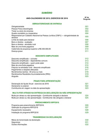 6
SUMÁRIO
ANO-CALENDÁRIO DE 2015, EXERCÍCIO DE 2016
Nº da
Pergunta
OBRIGATORIEDADE DE ENTREGA
Obrigatoriedade 001
Pessoa Física desobrigada 002
Titular ou sócio de empresa 003
Quadro societário ou cooperativa 004
Responsável por Cadastro Nacional da Pessoa Jurídica (CNPJ) — obrigatoriedade de
declarar
005
Limite de idade para declarar 006
Bens e direitos - avaliação 007
Bens e direitos - atividade rural 008
Mais de uma fonte pagadora 009
Caderneta de poupança superior a R$ 300.000,00 010
Doença grave 011
DESCONTO SIMPLIFICADO
Desconto simplificado – conceito
Desconto simplificado – dependentes comuns
012
013
Desconto simplificado – quem pode optar 014
Mais de uma fonte pagadora 015
Prejuízo na atividade rural - desconto simplificado 016
Pagamentos e doações efetuados 017
Rendimentos isentos - 65 anos ou mais 018
Rendimentos Recebidos Acumuladamente (RRA) 019
Aluguéis 020
PRAZO PARA APRESENTAÇÃO
Declaração de Ajuste Anual - exercício de 2016 021
Declarante no exterior 022
Contribuinte em viagem na data da apresentação 023
MULTA POR ATRASO NA ENTREGA DA DECLARAÇÃO OU NÃO APRESENTAÇÃO
Multa por atraso ou não apresentação - Contribuinte obrigado a declarar 024
Multa por atraso ou não apresentação - Contribuinte não obrigado a declarar 025
PREENCHIMENTO IRPF2016
Programa para preenchimento IRPF2016 026
Obtenção do programa IRPF2016 027
Equipamento necessário 028
Instalação do programa IRPF2016 029
TRANSMISSAO DA DECLARAÇÃO
Meios de transmissão da declaração 030
Segurança 031
Outras informações 032
 