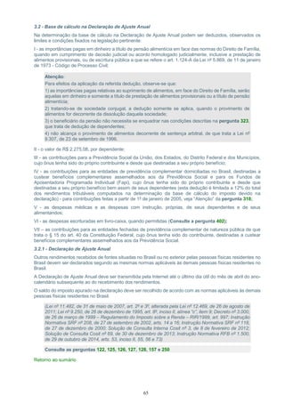 65
3.2 - Base de cálculo na Declaração de Ajuste Anual
Na determinação da base de cálculo na Declaração de Ajuste Anual podem ser deduzidos, observados os
limites e condições fixados na legislação pertinente:
I - as importâncias pagas em dinheiro a título de pensão alimentícia em face das normas do Direito de Família,
quando em cumprimento de decisão judicial ou acordo homologado judicialmente, inclusive a prestação de
alimentos provisionais, ou de escritura pública a que se refere o art. 1.124-A da Lei nº 5.869, de 11 de janeiro
de 1973 - Código de Processo Civil;
Atenção:
Para efeitos da aplicação da referida dedução, observe-se que:
1) as importâncias pagas relativas ao suprimento de alimentos, em face do Direito de Família, serão
aquelas em dinheiro e somente a título de prestação de alimentos provisionais ou a título de pensão
alimentícia;
2) tratando-se de sociedade conjugal, a dedução somente se aplica, quando o provimento de
alimentos for decorrente da dissolução daquela sociedade;
3) o beneficiário da pensão não necessita se enquadrar nas condições descritas na pergunta 323,
que trata de dedução de dependentes;
4) não alcança o provimento de alimentos decorrente de sentença arbitral, de que trata a Lei nº
9.307, de 23 de setembro de 1996.
II - o valor de R$ 2.275,08, por dependente;
III - as contribuições para a Previdência Social da União, dos Estados, do Distrito Federal e dos Municípios,
cujo ônus tenha sido do próprio contribuinte e desde que destinadas a seu próprio benefício;
IV - as contribuições para as entidades de previdência complementar domiciliadas no Brasil, destinadas a
custear benefícios complementares assemelhados aos da Previdência Social e para os Fundos de
Aposentadoria Programada Individual (Fapi), cujo ônus tenha sido do próprio contribuinte e desde que
destinadas a seu próprio benefício bem assim de seus dependentes (esta dedução é limitada a 12% do total
dos rendimentos tributáveis computados na determinação da base de cálculo do imposto devido na
declaração) - para contribuições feitas a partir de 1º de janeiro de 2005, veja “Atenção” da pergunta 318;
V - as despesas médicas e as despesas com instrução, próprias, de seus dependentes e de seus
alimentandos;
VI - as despesas escrituradas em livro-caixa, quando permitidas (Consulte a pergunta 402);
VII – as contribuições para as entidades fechadas de previdência complementar de natureza pública de que
trata o § 15 do art. 40 da Constituição Federal, cujo ônus tenha sido do contribuinte, destinadas a custear
benefícios complementares assemelhados aos da Previdência Social.
3.2.1 - Declaração de Ajuste Anual
Outros rendimentos recebidos de fontes situadas no Brasil ou no exterior pelas pessoas físicas residentes no
Brasil devem ser declarados segundo as mesmas normas aplicáveis às demais pessoas físicas residentes no
Brasil.
A Declaração de Ajuste Anual deve ser transmitida pela Internet até o último dia útil do mês de abril do ano-
calendário subsequente ao do recebimento dos rendimentos.
O saldo do imposto apurado na declaração deve ser recolhido de acordo com as normas aplicáveis às demais
pessoas físicas residentes no Brasil.
(Lei nº 11.482, de 31 de maio de 2007, art. 2º e 3º, alterada pela Lei nº 12.469, de 26 de agosto de
2011; Lei nº 9.250, de 26 de dezembro de 1995, art. 8º, inciso II, alínea “c”, item 9; Decreto nº 3.000,
de 26 de março de 1999 – Regulamento do Imposto sobre a Renda – RIR/1999, art. 997; Instrução
Normativa SRF nº 208, de 27 de setembro de 2002, arts. 14 a 16; Instrução Normativa SRF nº 118,
de 27 de dezembro de 2000; Solução de Consulta Interna Cosit nº 3, de 8 de fevereiro de 2012;
Solução de Consulta Cosit nº 69, de 30 de dezembro de 2013; Instrução Normativa RFB nº 1.500,
de 29 de outubro de 2014, arts. 53, inciso II, 55, 56 e 73)
Consulte as perguntas 122, 125, 126, 127, 128, 157 e 250
Retorno ao sumário
 