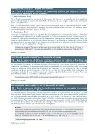 71
EMPREGADO PARTICULAR — MISSÃO DIPLOMÁTICA
131 — Qual é o tratamento tributário dos rendimentos auferidos por empregado particular
estrangeiro de membros de missão diplomática?
1 - Não residente no Brasil
Se o Estado representado for signatário da Convenção de Viena e o empregado não tiver residência
permanente no Brasil, os rendimentos do trabalho decorrentes de suas funções estão isentos do imposto
sobre a renda brasileiro.
Obs.: Os rendimentos do trabalho com ou sem vínculo empregatício e os da prestação de serviços, pagos,
creditados, entregues, empregados ou remetidos por fonte pagadora situada no Brasil a não residente, estão
sujeitos à tributação exclusiva à alíquota de 25%.
2 - Residente no Brasil
Ainda que o Estado representado seja signatário da Convenção de Viena, os rendimentos pagos ou creditados
a esse empregado por membro de missão diplomática, inclusive os decorrentes de suas funções específicas,
sujeitam-se à tributação nas mesmas condições estabelecidas para os demais residentes no Brasil. Assim, os
rendimentos são tributáveis no recolhimento mensal obrigatório (carnê-leão) e na Declaração de Ajuste Anual
correspondente ao ano-calendário de seu recebimento, sendo irrelevante o fato de ser empregado particular
de membro de representação oficial estrangeira.
(Convenção de Viena, Decreto nº 56.435, de 8 de junho de 1965, art. 37, 2 e 4; Lei nº 9.779, de 19
de janeiro de 1999, art. 7º; Instrução Normativa SRF nº 208, de 27 de setembro de 2002, art. 24)
Retorno ao sumário
SERVIDOR DE MISSÃO DIPLOMÁTICA — RESIDENTE NO BRASIL
132 — Qual é o tratamento tributário dos rendimentos auferidos por residente no Brasil que seja
servidor administrativo, técnico de missão diplomática ou empregado particular de seus membros?
Os rendimentos do trabalho de residente no Brasil, decorrentes de suas funções específicas, prestadas a
organismos internacionais ou a representações de Estados estrangeiros ou a seus membros, bem como sobre
quaisquer outros que aufira, sujeitam-se à tributação nas mesmas condições estabelecidas para os demais
residentes no Brasil, sendo irrelevante o fato de ser servidor de representação oficial estrangeira ou
empregado particular de seus membros, ainda que esta seja signatária da Convenção de Viena. Assim, os
rendimentos sujeitam-se ao carnê-leão e ao ajuste anual.
(Instrução Normativa SRF nº 208, de 27 de setembro de 2002, art. 24)
Retorno ao sumário
EMPREGADO DE EMPRESAS ESTATAIS ESTRANGEIRAS NO BRASIL
133 — Qual é o tratamento tributário dos rendimentos recebidos por empregado de empresas
estatais estrangeiras situadas no Brasil?
As empresas estatais estrangeiras, por não possuírem qualidade de representação dos governos a que se
vinculam, mas por se constituírem em seus instrumentos de exploração de atividade econômica, distinguem-
se, fundamentalmente, das entidades enumeradas no inciso III do art. 22 do Decreto nº 3.000, de 26 de março
de 1999 – Regulamento do Imposto sobre a Renda – RIR/1999 (embaixadas, consulados e repartições oficiais
de outros países). Assim, os rendimentos auferidos por empregado brasileiro residente no Brasil são tributados
na condição de residente. Os rendimentos do estrangeiro não residente são tributados na condição de
residente a partir da data em que adquirir vínculo empregatício.
Atenção:
Enquanto o contribuinte permanecer na condição de não residente, os rendimentos recebidos de
empresas estatais estrangeiras situadas no país são tributados exclusivamente na fonte.
(Lei nº 9.718, de 27 de novembro de 1999, art. 12; Lei nº 9.779, de 19 de janeiro de 1999, art. 7º;
Instrução Normativa SRF nº 208, de 27 de novembro de 2002, arts. 2º e 3º)
Consulte as perguntas 108, 110 e 117
Retorno ao sumário
 