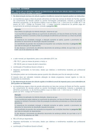 83
DEDUÇÕES - EXTERIOR
158 — Quais são as deduções cabíveis na determinação da base de cálculo relativa a rendimentos
recebidos de fontes situadas no exterior?
1 - Na determinação da base de cálculo sujeita à incidência mensal do imposto podem ser deduzidas:
 as importâncias pagas a título de pensão alimentícia em face das normas do Direito de Família, quando
em cumprimento de decisão judicial ou acordo homologado judicialmente, inclusive a prestação de
alimentos provisionais, ou de escritura pública a que se refere o art. 1.124-A da Lei nº 5.869, de 11 de
janeiro de 1973 - Código de Processo Civil – a seguir transcrito (tratando-se de pensão paga em
cumprimento de sentença estrangeira, consulte a pergunta 342);
Atenção:
Para efeitos da aplicação da referida dedução, observe-se que:
1) as importâncias pagas relativas ao suprimento de alimentos, em face do Direito de Família, serão
aquelas em dinheiro e somente a título de prestação de alimentos provisionais ou a título de pensão
alimentícia;
2) tratando-se de sociedade conjugal, a dedução somente se aplica, quando o provimento de
alimentos for decorrente da dissolução daquela sociedade;
3) o beneficiário da pensão não necessita se enquadrar nas condições descritas na pergunta 323,
que trata de dedução de dependentes;
4) não alcança o provimento de alimentos decorrente de sentença arbitral, de que trata a Lei nº
9.307, de 23 de setembro de 1996.
 o valor mensal, por dependente, para o ano-calendário 2015, de:
- R$ 179,71, para os meses de janeiro a março; e
- R$ 189,59, para os meses de abril a dezembro;
 contribuição à Previdência Social no Brasil; e
 despesas escrituradas no livro-caixa, desde que relativas a rendimentos recebidos por profissional
autônomo.
As deduções podem ser consideradas apenas quando não utilizadas para fins de retenção na fonte.
O imposto deve ser calculado mediante utilização da tabela progressiva mensal vigente no mês do
recebimento do rendimento.
2 - Na determinação da base de cálculo sujeita à incidência anual do imposto para o ano-calendário de
2015 podem ser deduzidas:
 as importâncias pagas a título de pensão alimentícia em face das normas do Direito de Família, quando
em cumprimento de decisão judicial ou acordo homologado judicialmente, inclusive a prestação de
alimentos provisionais, ou de escritura pública a que se refere o art. 1.124-A da Lei nº 5.869, de 11 de
janeiro de 1973 - Código de Processo Civil;
Atenção:
Para efeitos da aplicação da referida dedução, observe-se que:
1) as importâncias pagas relativas ao suprimento de alimentos, em face do Direito de Família, serão
aquelas em dinheiro e somente a título de prestação de alimentos provisionais ou a título de pensão
alimentícia;
2) tratando-se de sociedade conjugal, a dedução somente se aplica, quando o provimento de
alimentos for decorrente da dissolução daquela sociedade;
3) o beneficiário da pensão não necessita se enquadrar nas condições descritas na pergunta 323,
que trata de dedução de dependentes;
4) não alcança o provimento de alimentos decorrente de sentença arbitral, de que trata a Lei nº
9.307, de 23 de setembro de 1996.
 R$ 2.275,08 por dependente;
 despesas escrituradas no livro-caixa, desde que relativas a rendimentos recebidos por profissional
autônomo;
 contribuição à Previdência Social no Brasil;
 