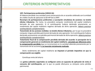 CRITERIOS INTERPRETATIVOS
206
10ª) Participaciones preferentes (V0410-16):
Al haberse percibido una cantidad como consecuencia de un acuerdo celebrado con la entidad
de crédito resulta de aplicación la DA 44ª de la LIRPF:
Recompra de participaciones preferentes y suscripción simultánea de acciones: no tendrá
efectos tributarios. Por tanto, no procederá computar rendimiento del capital mobiliario
derivado de esta operación. Si el contribuyente hubiera declarado previamente un
rendimiento del capital mobiliario negativo derivado de dicha operación, deberá practicar
autoliquidación complementaria.
Transmisión de las acciones recibidas: no tendrá efectos tributarios, por lo que no procederá
computar ninguna pérdida patrimonial derivada de esta operación. Si el contribuyente hubiera
declarado previamente una pérdida patrimonial derivada de dicha operación, deberá practicar
autoliquidación complementaria.
Tratamiento fiscal de la compensación percibida derivada del acuerdo: la percepción de la
compensación generará un rendimiento del capital mobiliario, calculado por diferencia entre
la compensación percibida (que se incrementará en la cantidad obtenida previamente por la
transmisión de las acciones) y la inversión inicialmente realizada.
Dicho rendimiento del capital mobiliario se imputará al período impositivo en que la
compensación sea exigible.
Constituye renta del ahorro
Los gastos judiciales soportados se configuran como un supuesto de aplicación de renta al
consumo del contribuyente, por lo que no puede efectuarse su cómputo como pérdida
patrimonial.
 