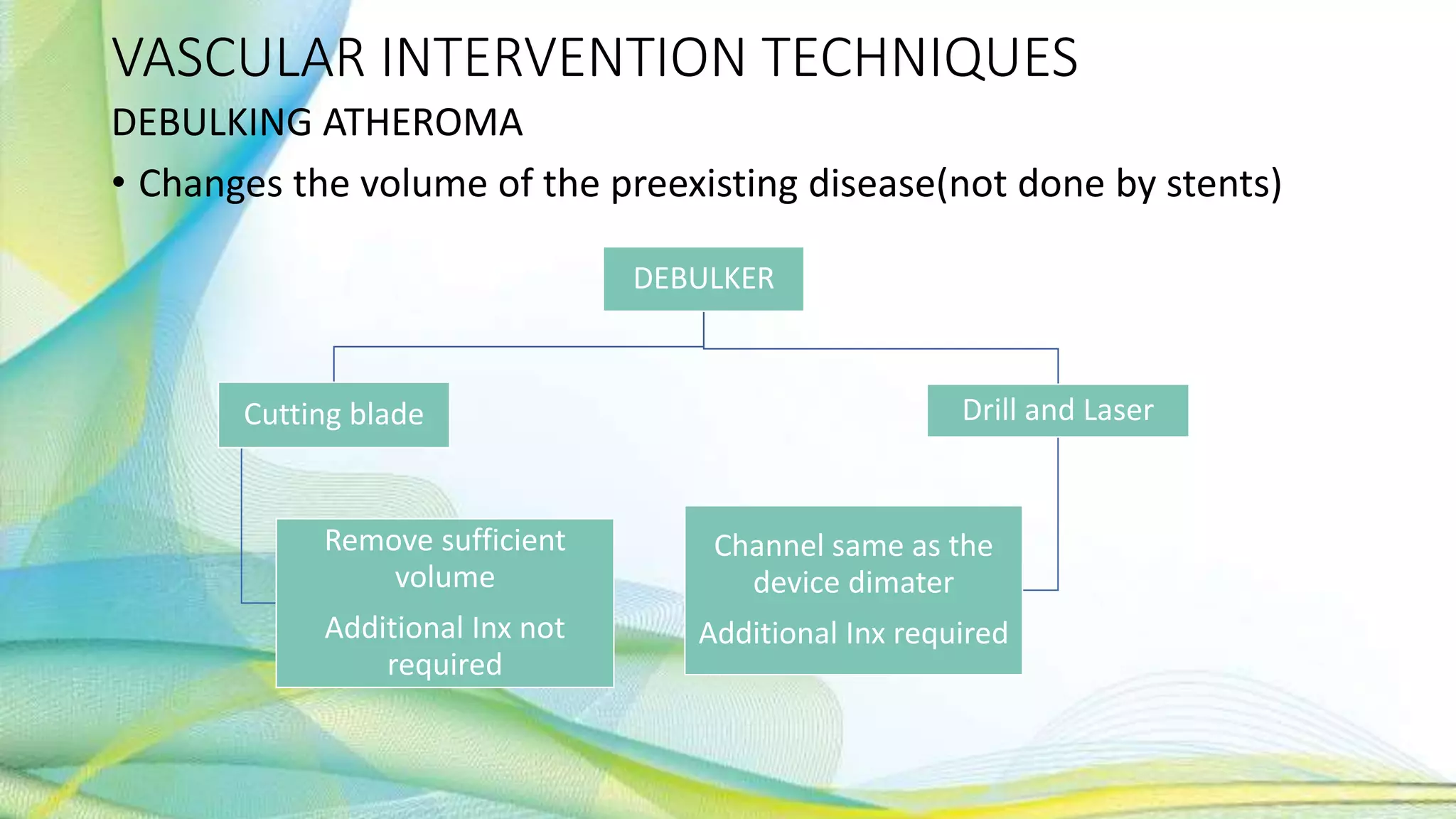 VASCULAR INTERVENTION TECHNIQUES
DEBULKING ATHEROMA
• Changes the volume of the preexisting disease(not done by stents)
DEBULKER
Cutting blade
Remove sufficient
volume
Additional Inx not
required
Drill and Laser
Channel same as the
device dimater
Additional Inx required
 