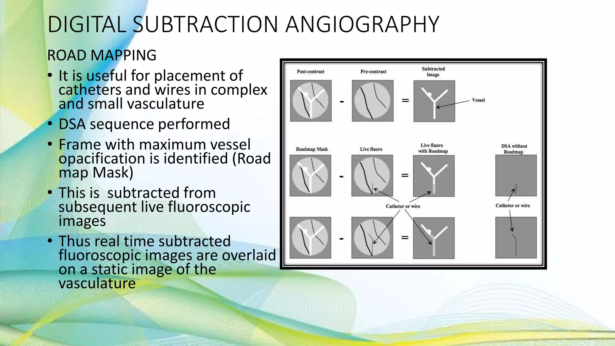 DIGITAL SUBTRACTION ANGIOGRAPHY
ROAD MAPPING
• It is useful for placement of
catheters and wires in complex
and small vasculature
• DSA sequence performed
• Frame with maximum vessel
opacification is identified (Road
map Mask)
• This is subtracted from
subsequent live fluoroscopic
images
• Thus real time subtracted
fluoroscopic images are overlaid
on a static image of the
vasculature
 