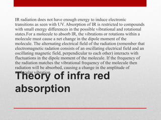 Theory of infra red
absorption
IR radiation does not have enough energy to induce electronic
transitions as seen with UV. Absorption of IR is restricted to compounds
with small energy differences in the possible vibrational and rotational
states.For a molecule to absorb IR, the vibrations or rotations within a
molecule must cause a net change in the dipole moment of the
molecule. The alternating electrical field of the radiation (remember that
electromagnetic radation consists of an oscillating electrical field and an
oscillating magnetic field, perpendicular to each other) interacts with
fluctuations in the dipole moment of the molecule. If the frequency of
the radiation matches the vibrational frequency of the molecule then
radiation will be absorbed, causing a change in the amplitude of
molecular vibration.
 