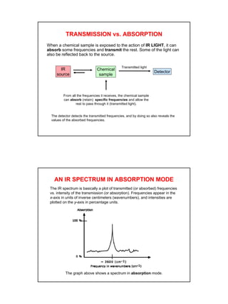 6
TRANSMISSION vs. ABSORPTION
When a chemical sample is exposed to the action of IR LIGHT, it can
absorb some frequencies and transmit the rest. Some of the light can
also be reflected back to the source.
Chemical
sample
IR
source
Transmitted light
From all the frequencies it receives, the chemical sample
can absorb (retain) specific frequencies and allow the
rest to pass through it (transmitted light).
Detector
The detector detects the transmitted frequencies, and by doing so also reveals the
values of the absorbed frequencies.
AN IR SPECTRUM IN ABSORPTION MODE
The IR spectrum is basically a plot of transmitted (or absorbed) frequencies
vs. intensity of the transmission (or absorption). Frequencies appear in the
x-axis in units of inverse centimeters (wavenumbers), and intensities are
plotted on the y-axis in percentage units.
The graph above shows a spectrum in absorption mode.
 
